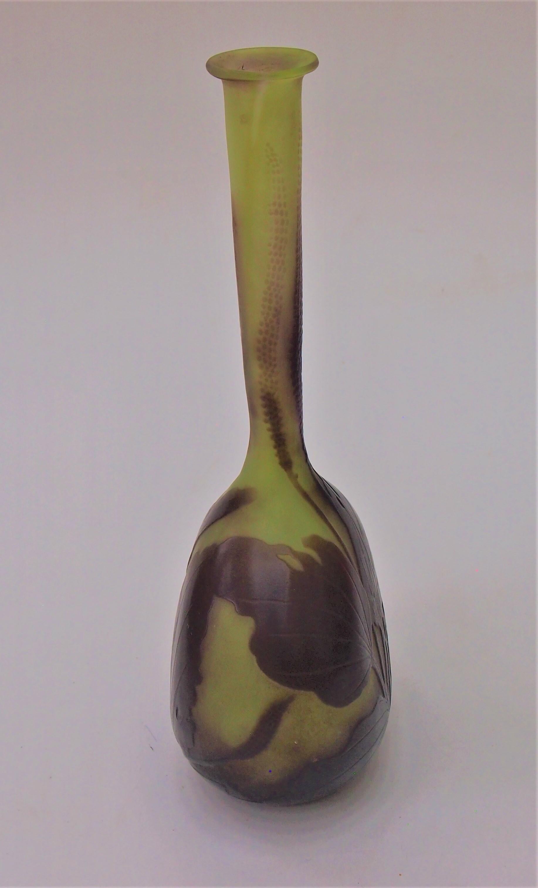 Early 20th Century French Art Nouveau Emile Galle Cameo Glass Tall Botanical Banjo Vase, circa 1908 For Sale