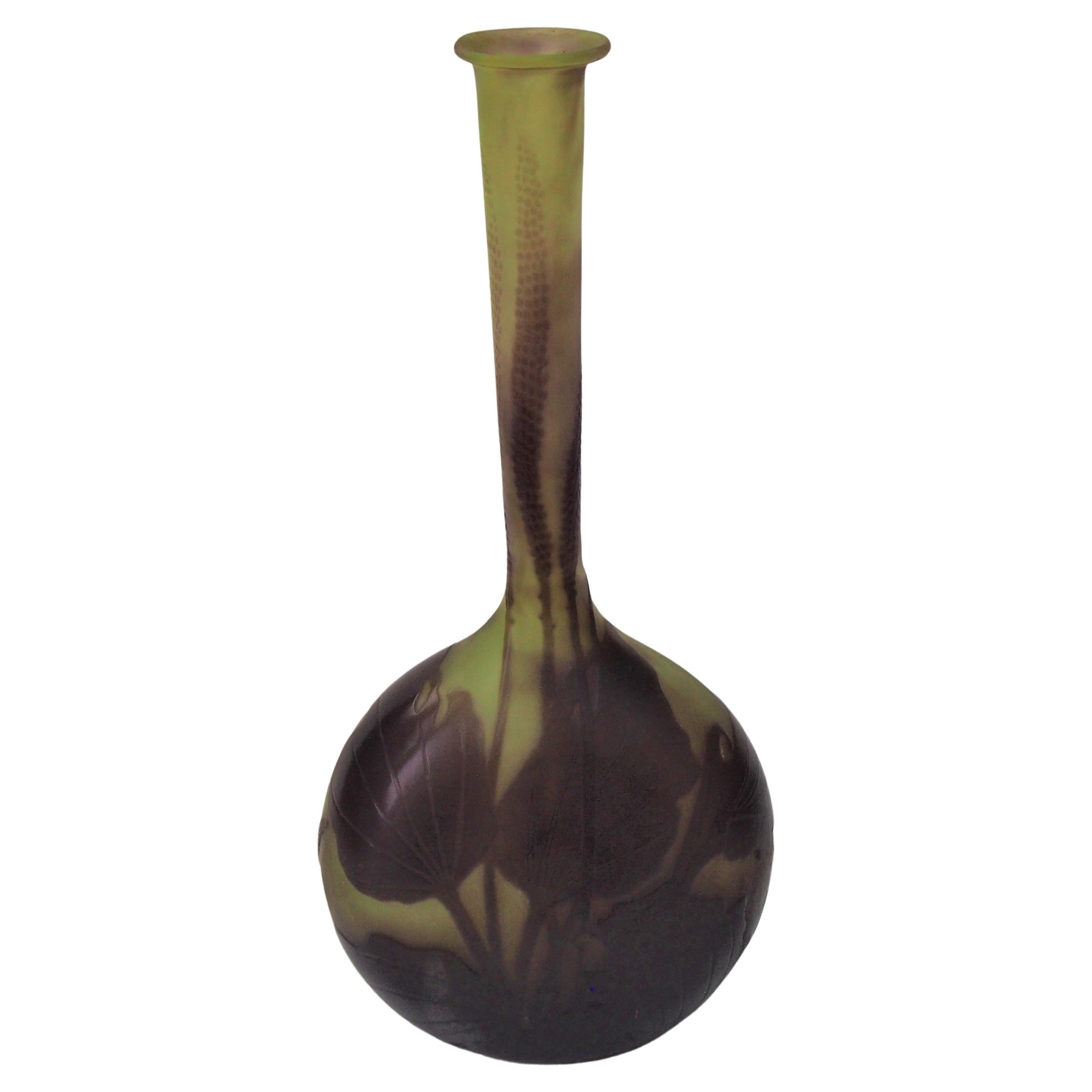 French Art Nouveau Emile Galle Cameo Glass Tall Botanical Banjo Vase, circa 1908
