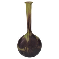 Antique French Art Nouveau Emile Galle Cameo Glass Tall Botanical Banjo Vase, circa 1908