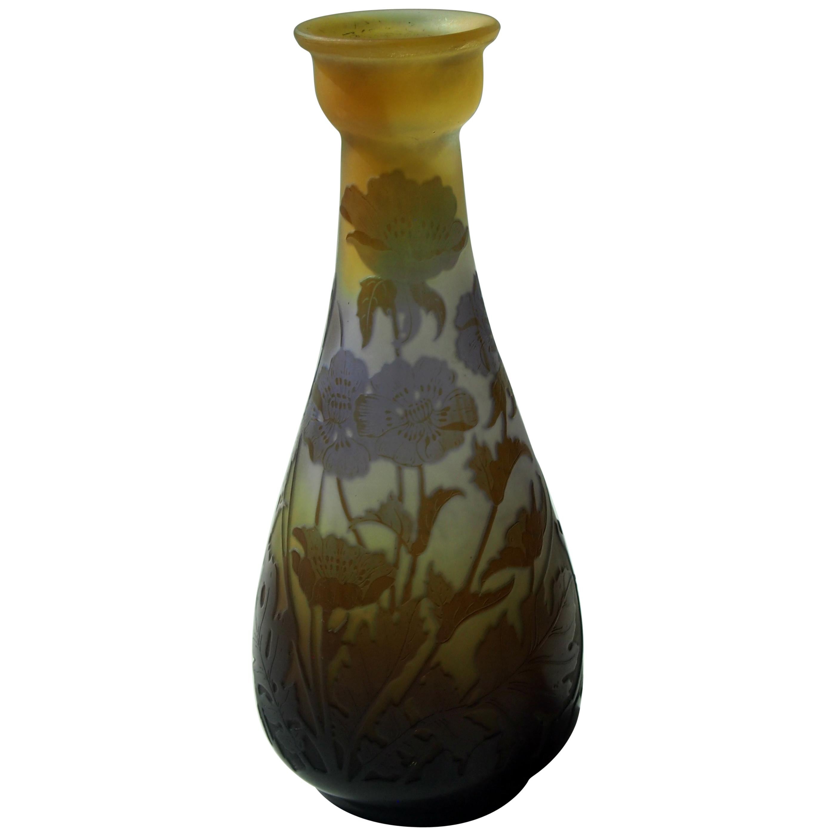 French Art Nouveau Emile Galle Cameo Glass Vase Signed circa 1900, Amenomes For Sale