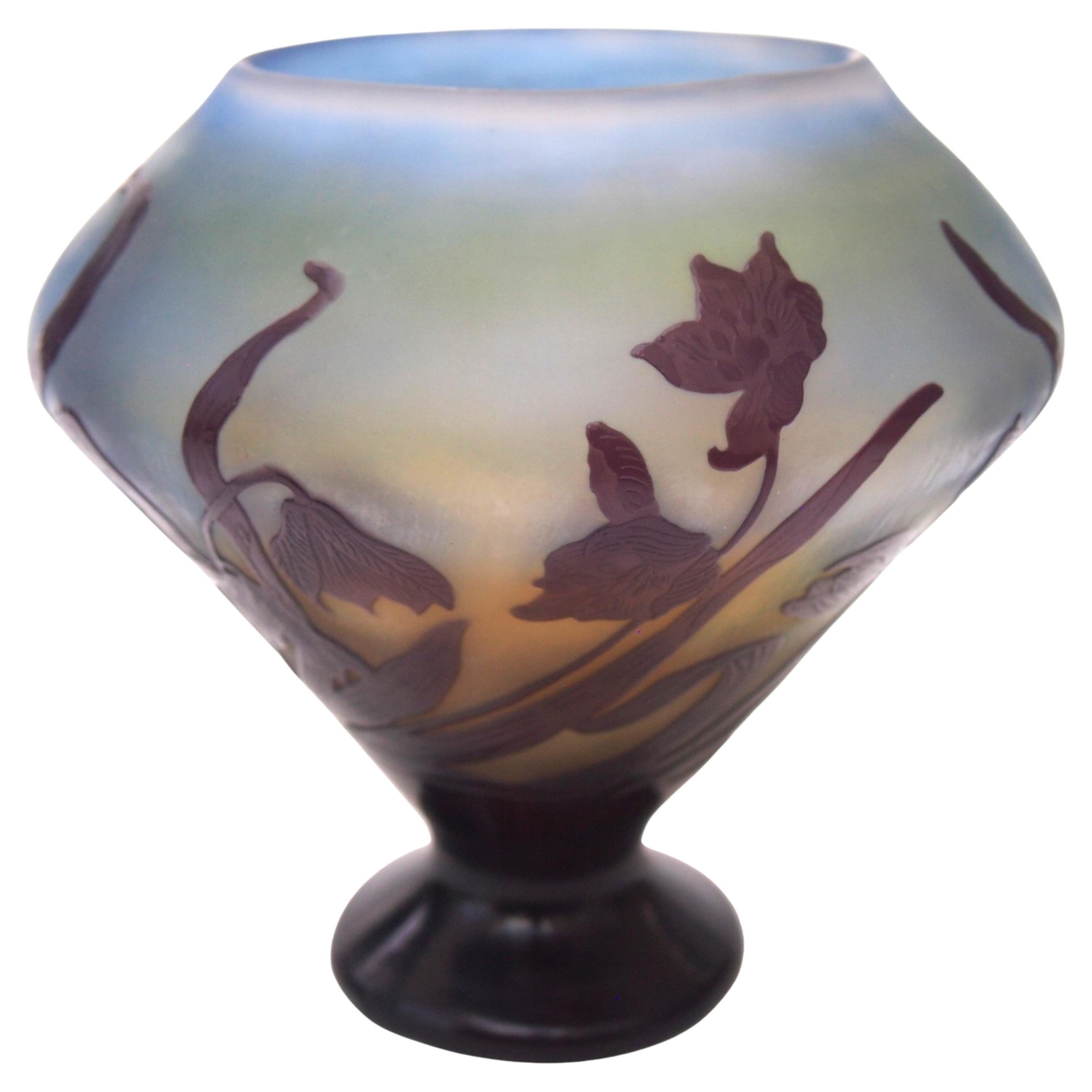 French Art Nouveau Emile Galle Cameo Glass Vase with Snowdrops For Sale