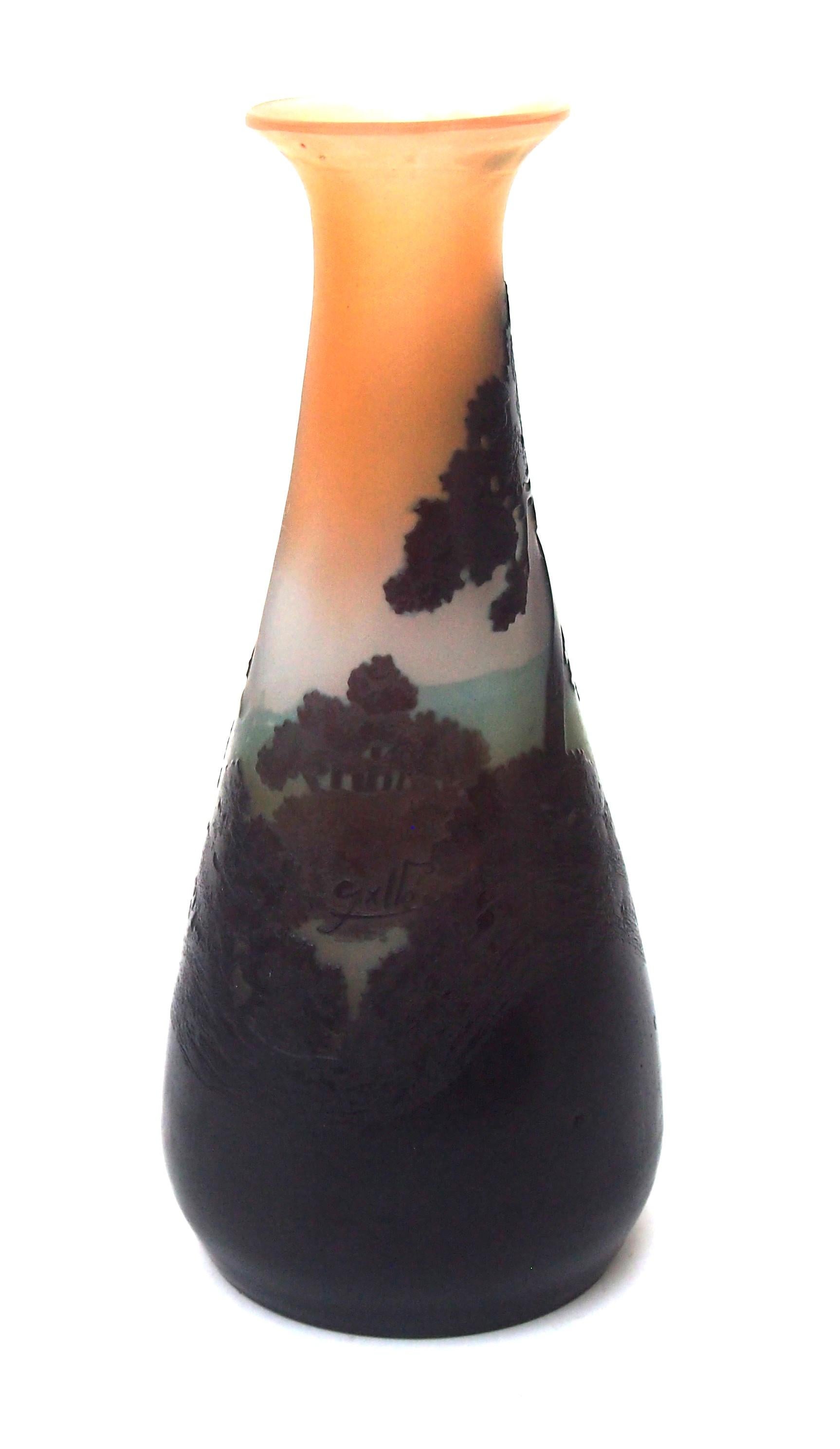 Französische Jugendstilvase Emile Galle Kamee Pfirsich Frühmorgenlandschaft Vase um 1908 (Art nouveau) im Angebot