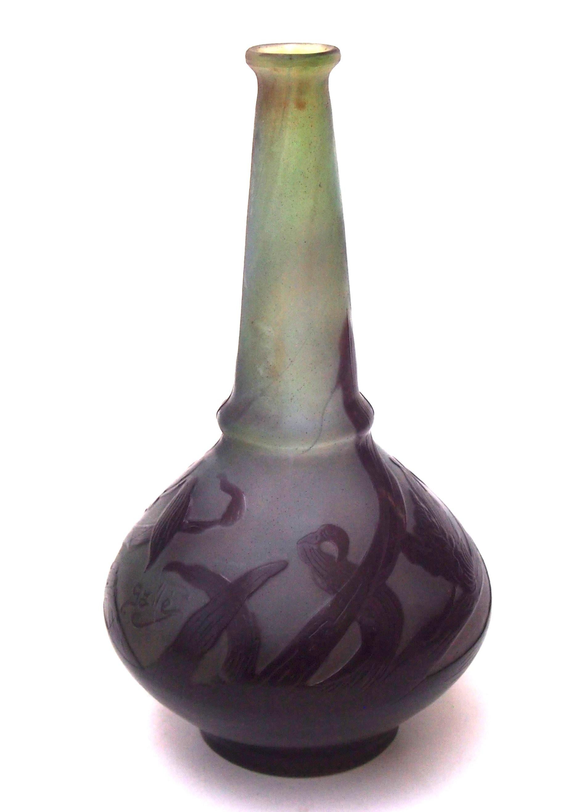 Early 20th Century French Art Nouveau Emile Galle Medium/Small Cameo Glass Vase with Wild Flowers For Sale