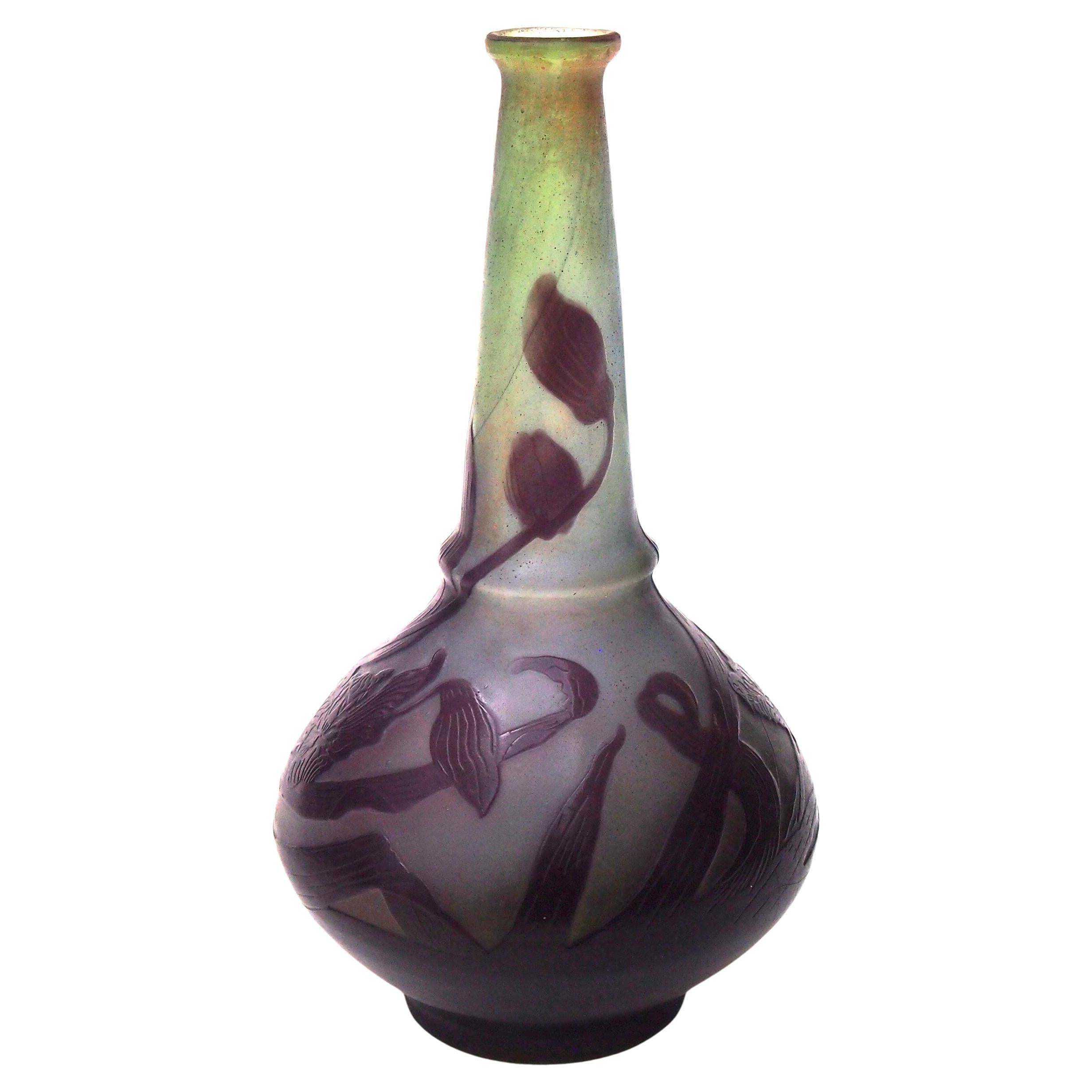 French Art Nouveau Emile Galle Medium/Small Cameo Glass Vase with Wild Flowers For Sale
