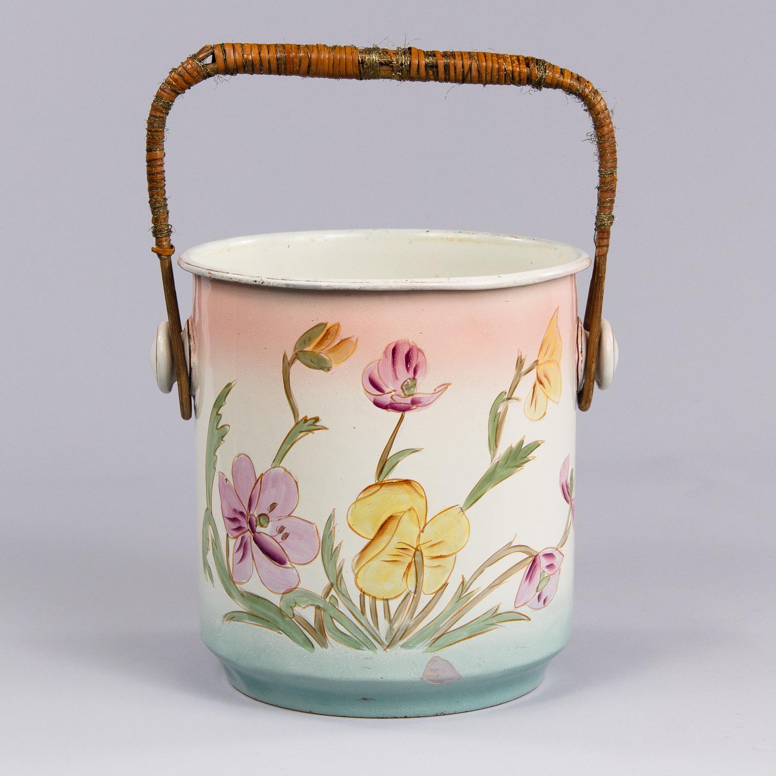 Hand-Painted French Art Nouveau Enamel Bucket, 1910s