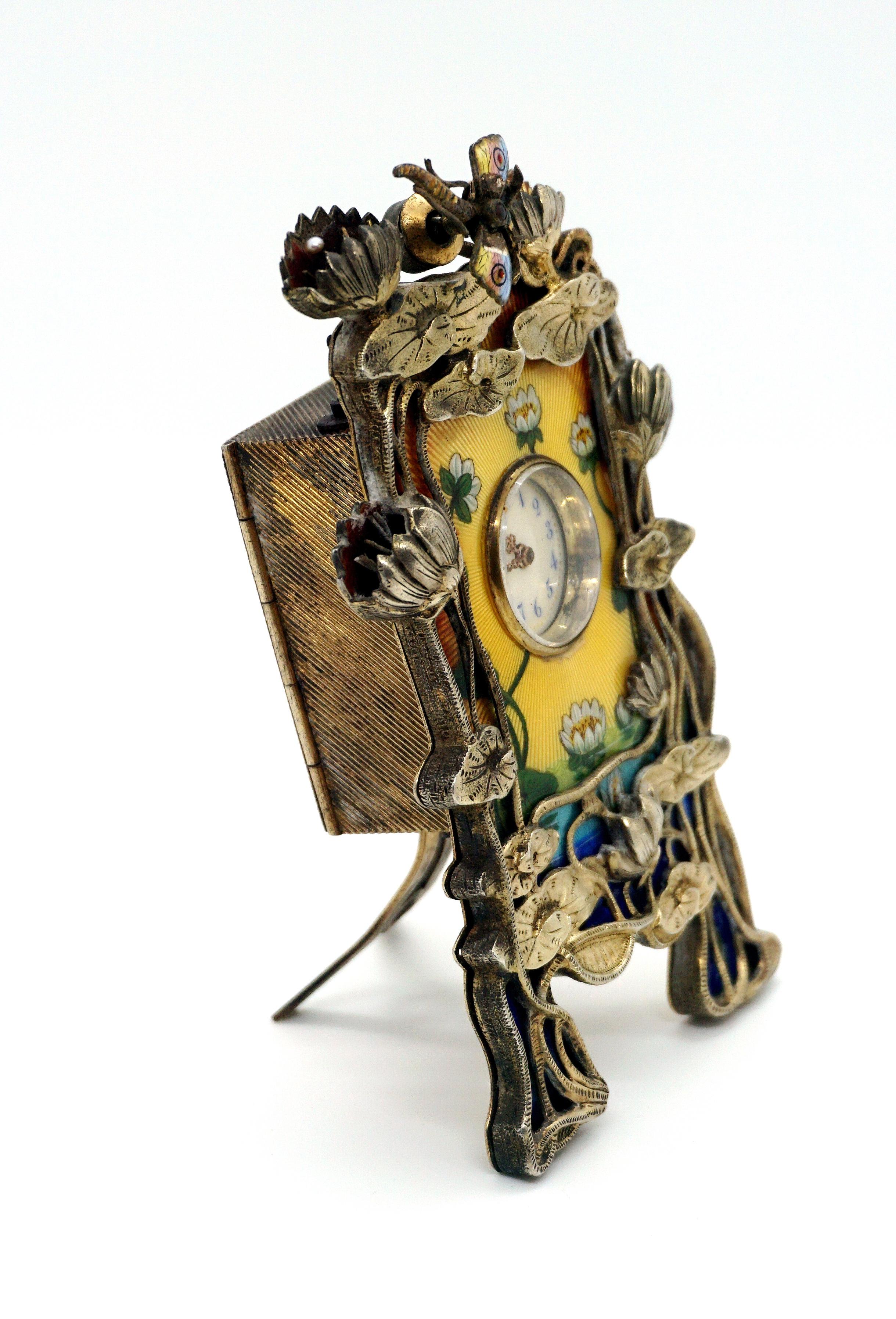 French Art Nouveau Enamel Table Clock with Water-Lilies Silver Mountings ca 1900 In Good Condition In Vienna, AT