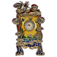 French Art Nouveau Enamel Table Clock with Water-Lilies Silver Mountings ca 1900