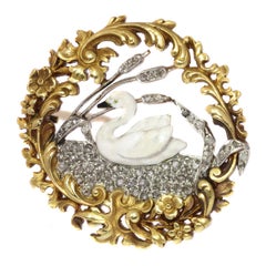 French Art Nouveau Enameled 18 Karat Yellow Gold Swan on Diamond Lake Brooch