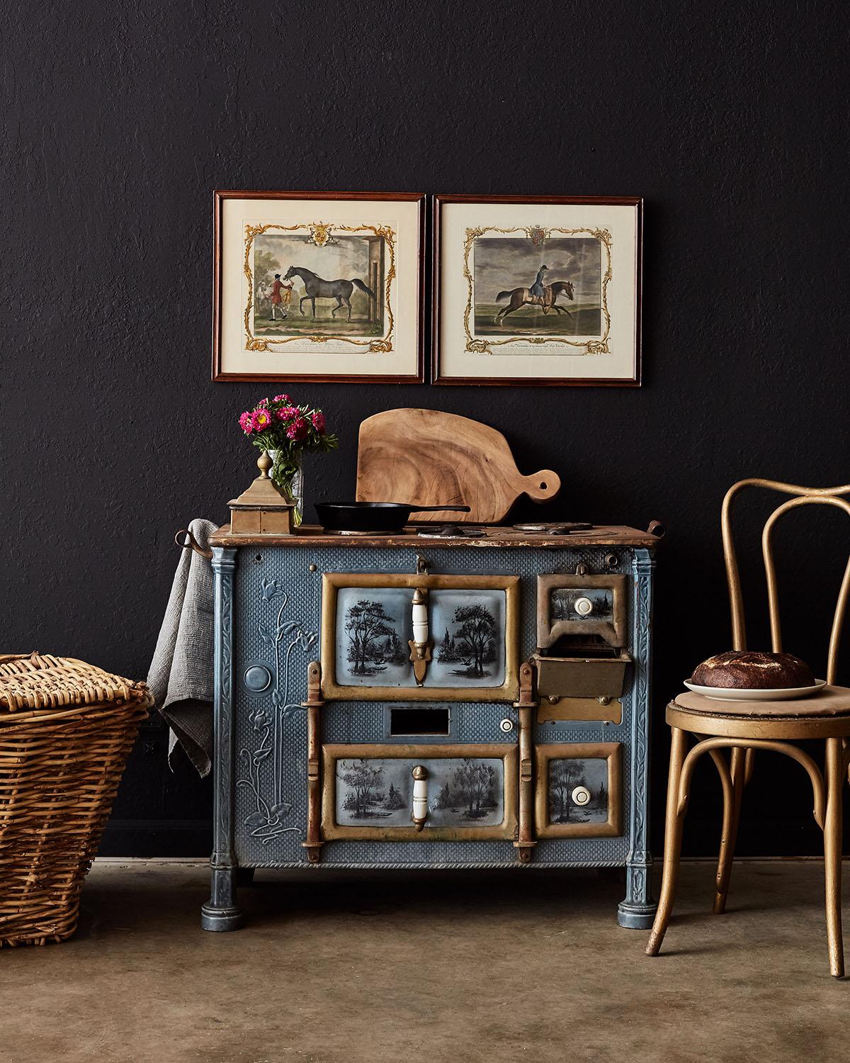 Fantastic French Art Nouveau enameled blue ceramic cast iron stove or oven. The oven exterior is decorated in a classic Art Nouveau style with amazing floral and foliate motifs over a textured background. So French and inspiring these elaborate