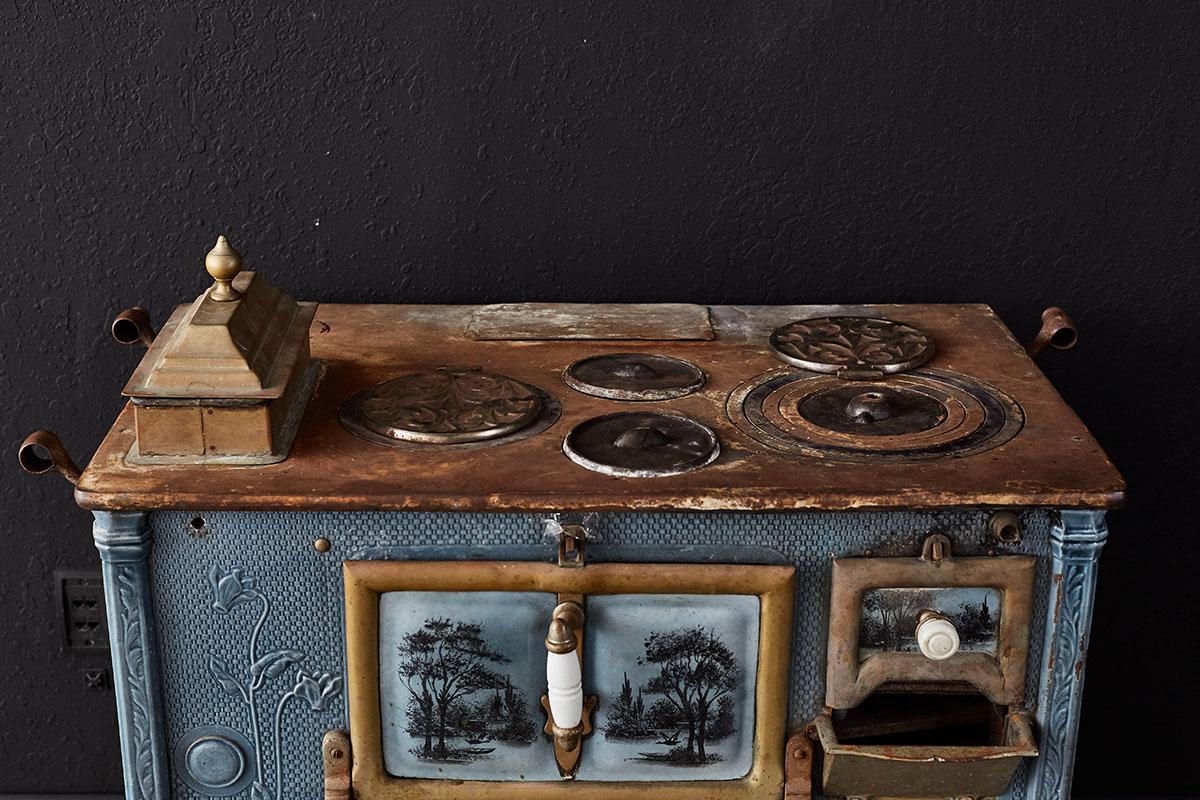 Cast French Art Nouveau Enameled Blue Stove or Oven