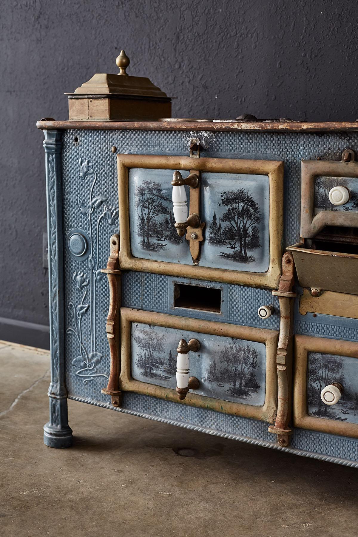 19th Century French Art Nouveau Enameled Blue Stove or Oven