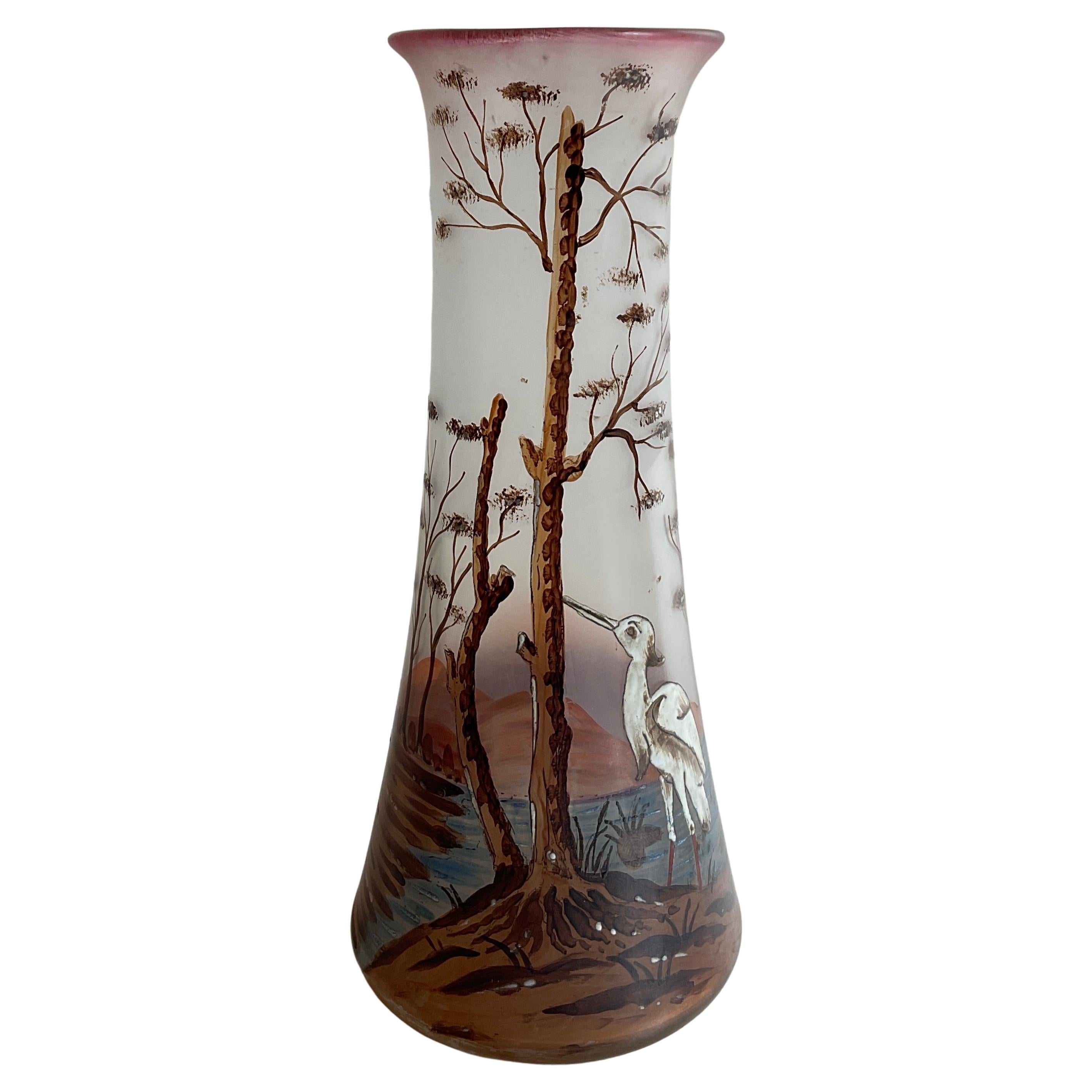 French Art Nouveau Enameled Glass Vase by Francois-Theodore Legras