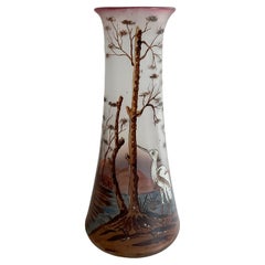 Antique French Art Nouveau Enameled Glass Vase by Francois-Theodore Legras