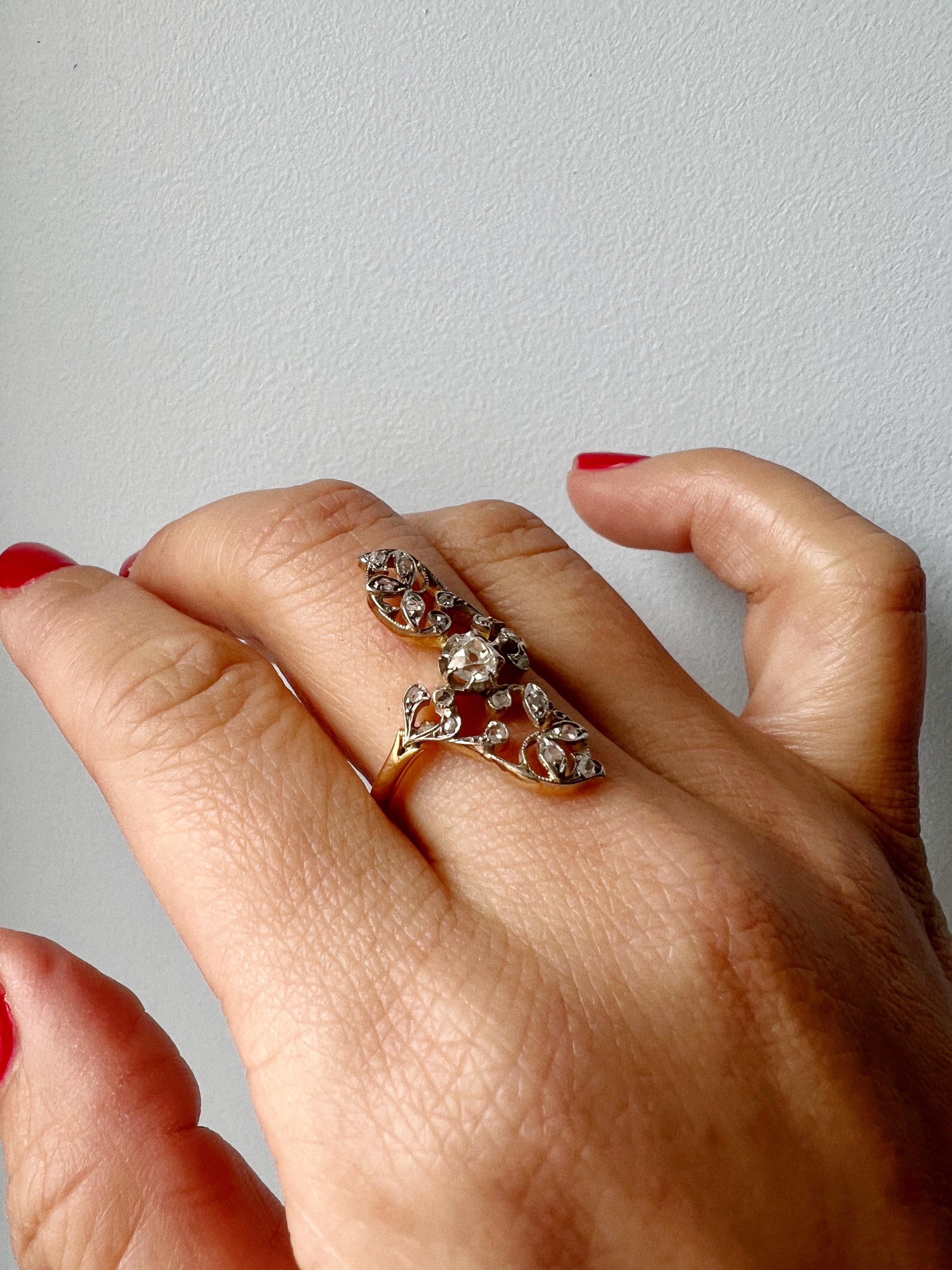 Old Mine Cut French Art Nouveau Era 18k Gold Diamond Flower Marquise Ring