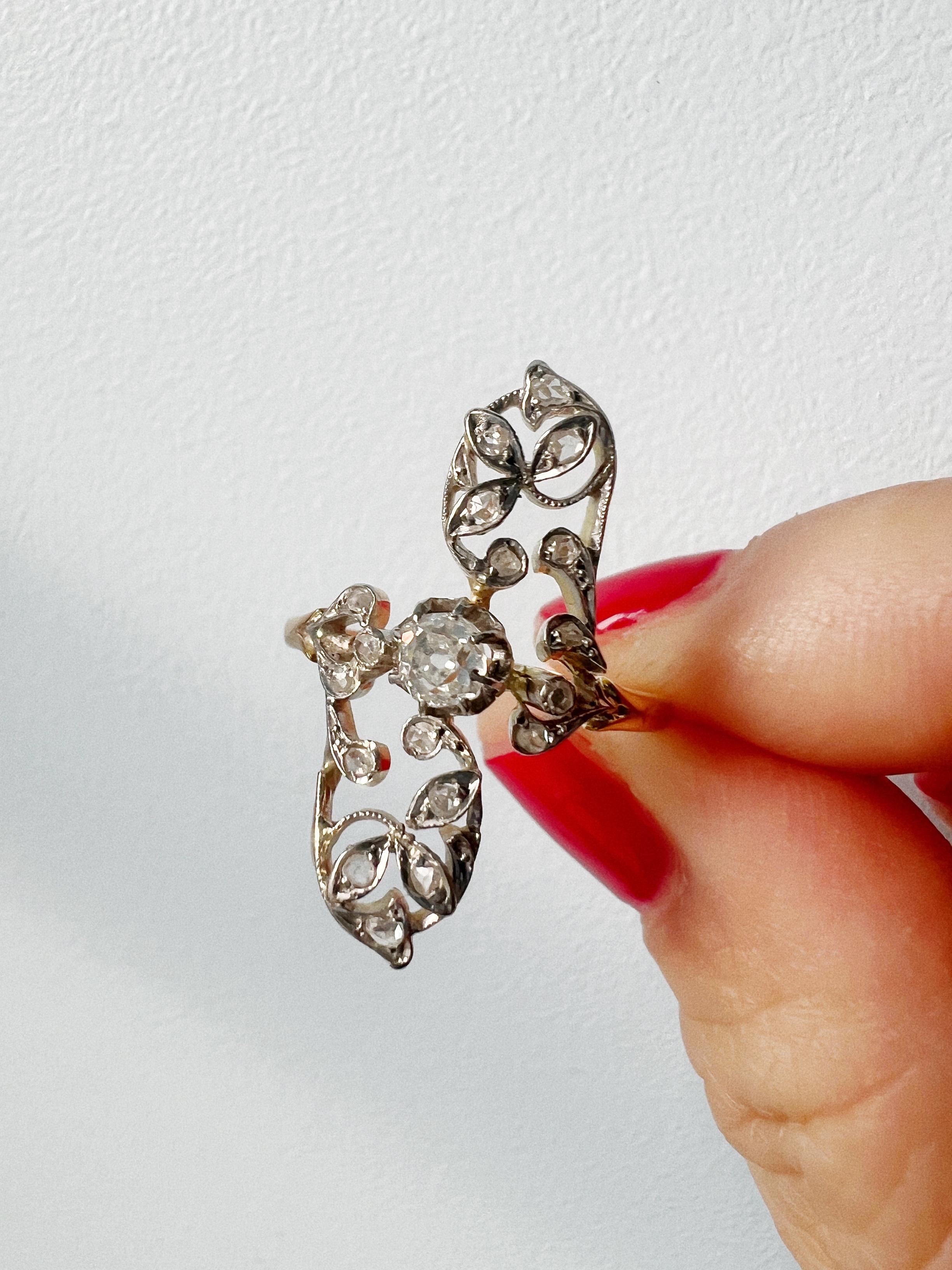 Women's French Art Nouveau Era 18k Gold Diamond Flower Marquise Ring For Sale
