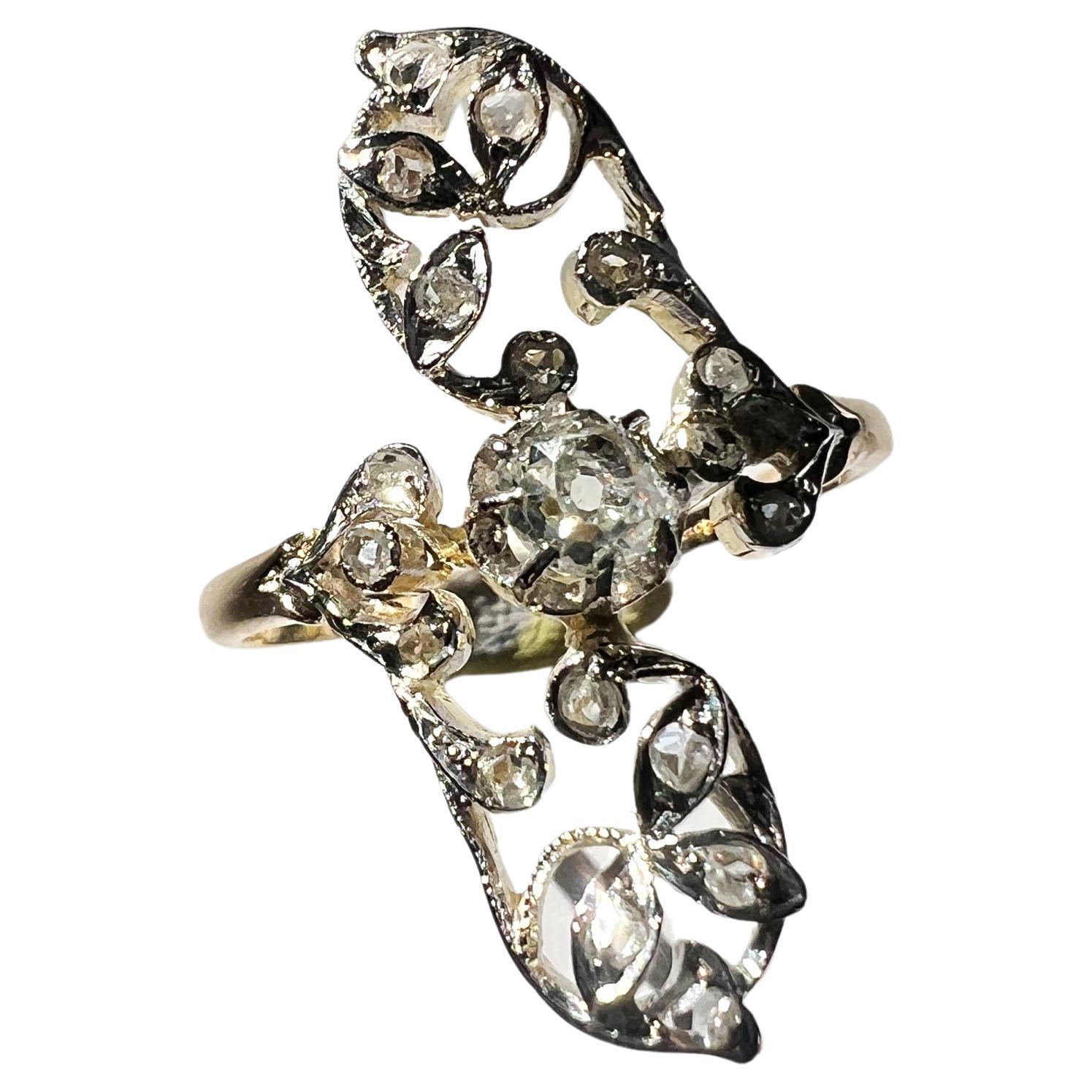 French Art Nouveau Era 18k Gold Diamond Flower Marquise Ring