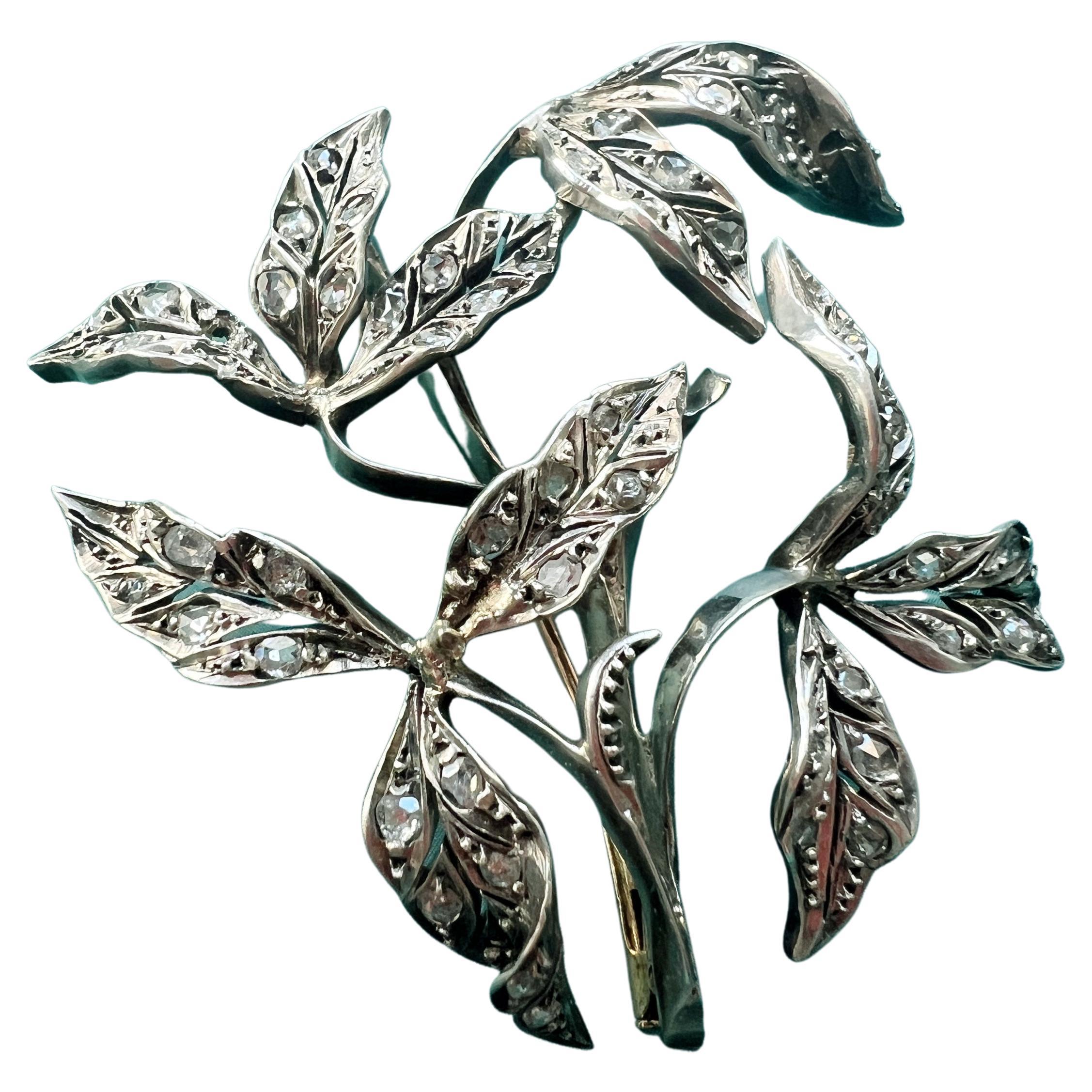 French Art Nouveau Era 18k Gold Diamond Leaves Brooch