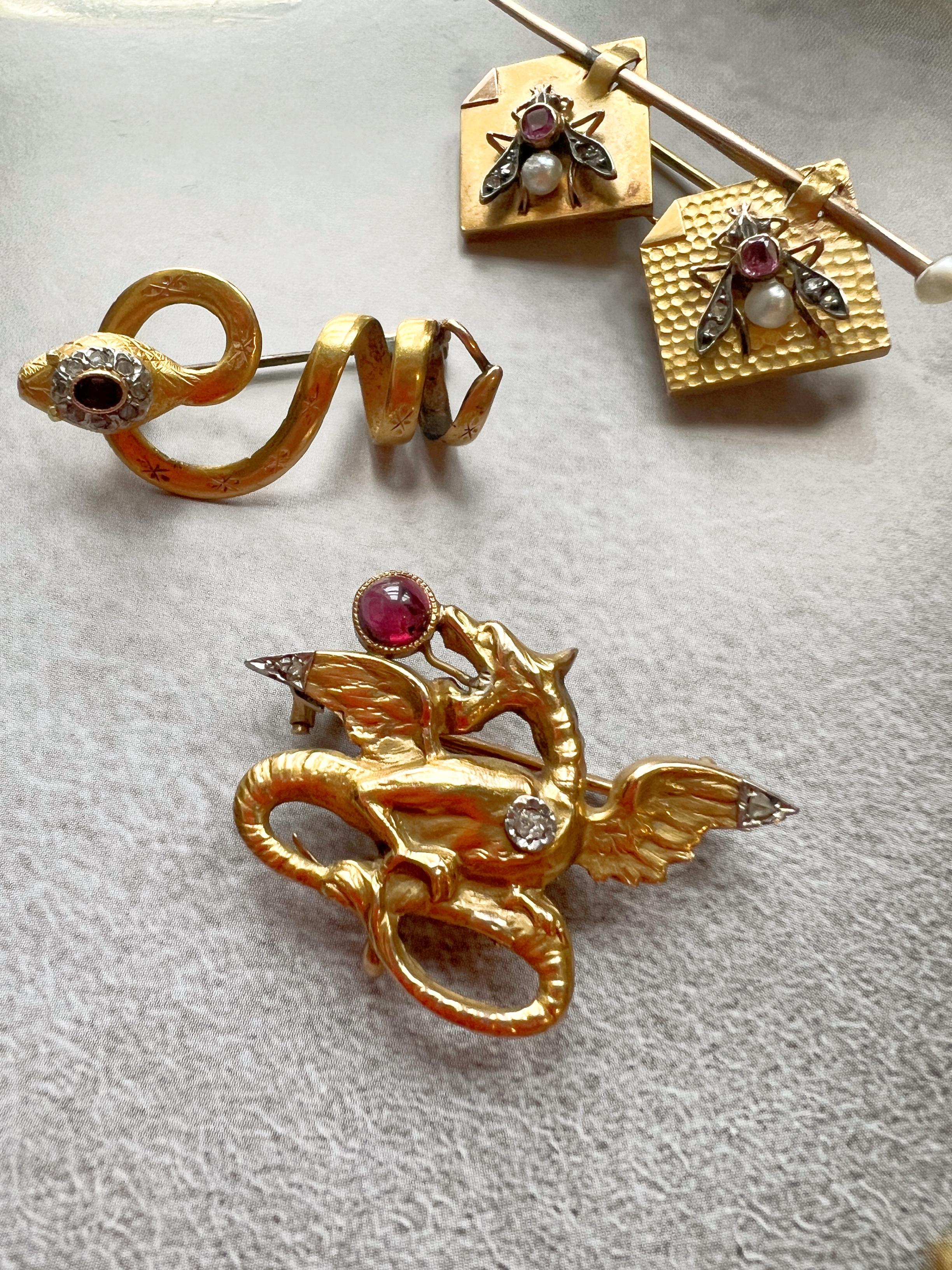 French Art Nouveau Era 18k Gold Diamond Tourmaline Chimera Brooch at ...