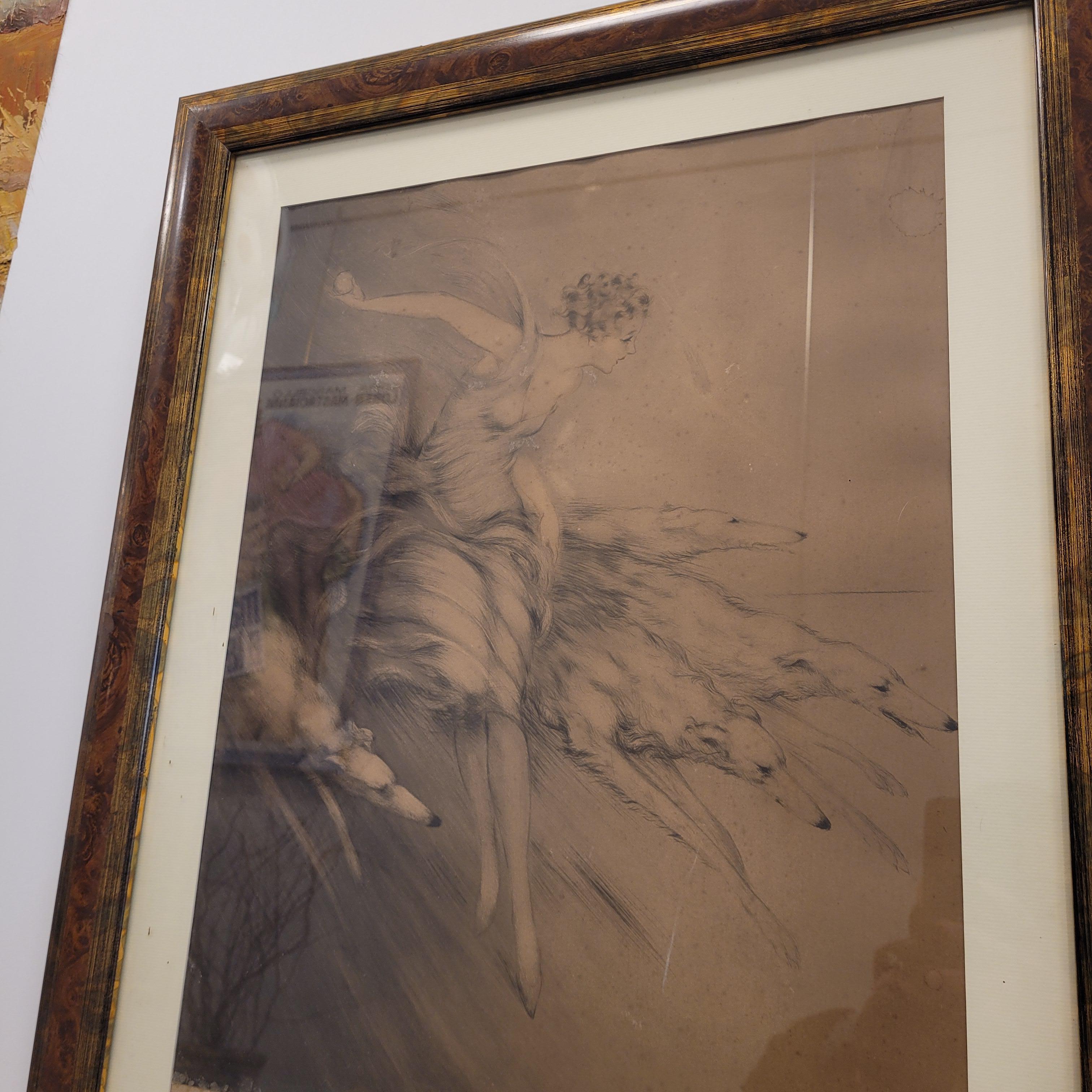 French Art Nouveau  Etching, “Young man with greyhounds” Louis Icart 4