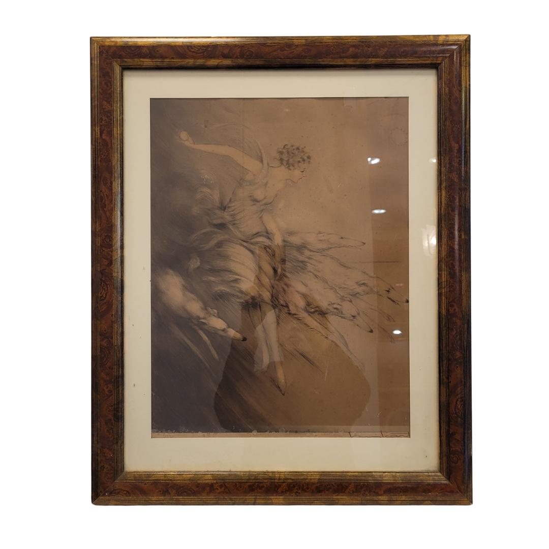 Outstanding Art Nouveau engraving made at the beginning of the 20th century by Louis Icart (1888 – 1950). It depicts a woman accompanied by four large dogs, who run quickly towards the right of the viewer. This creates a contrast between the