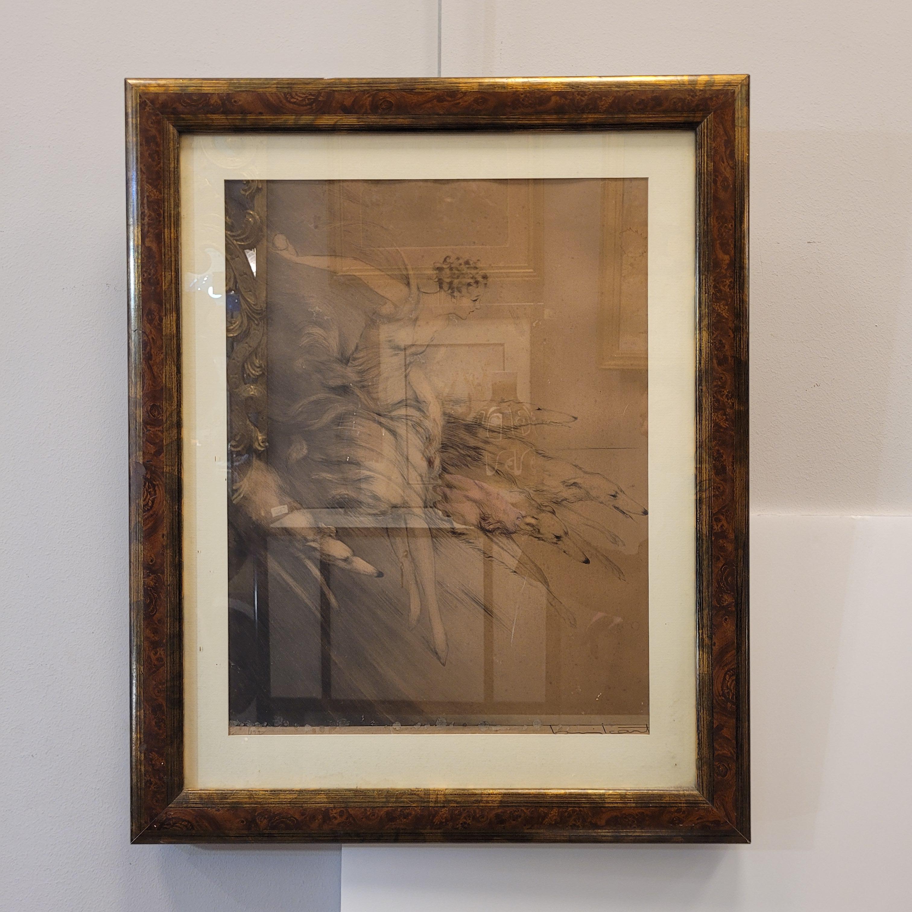 French Art Nouveau  Etching, “Young man with greyhounds” Louis Icart In Good Condition In Valladolid, ES