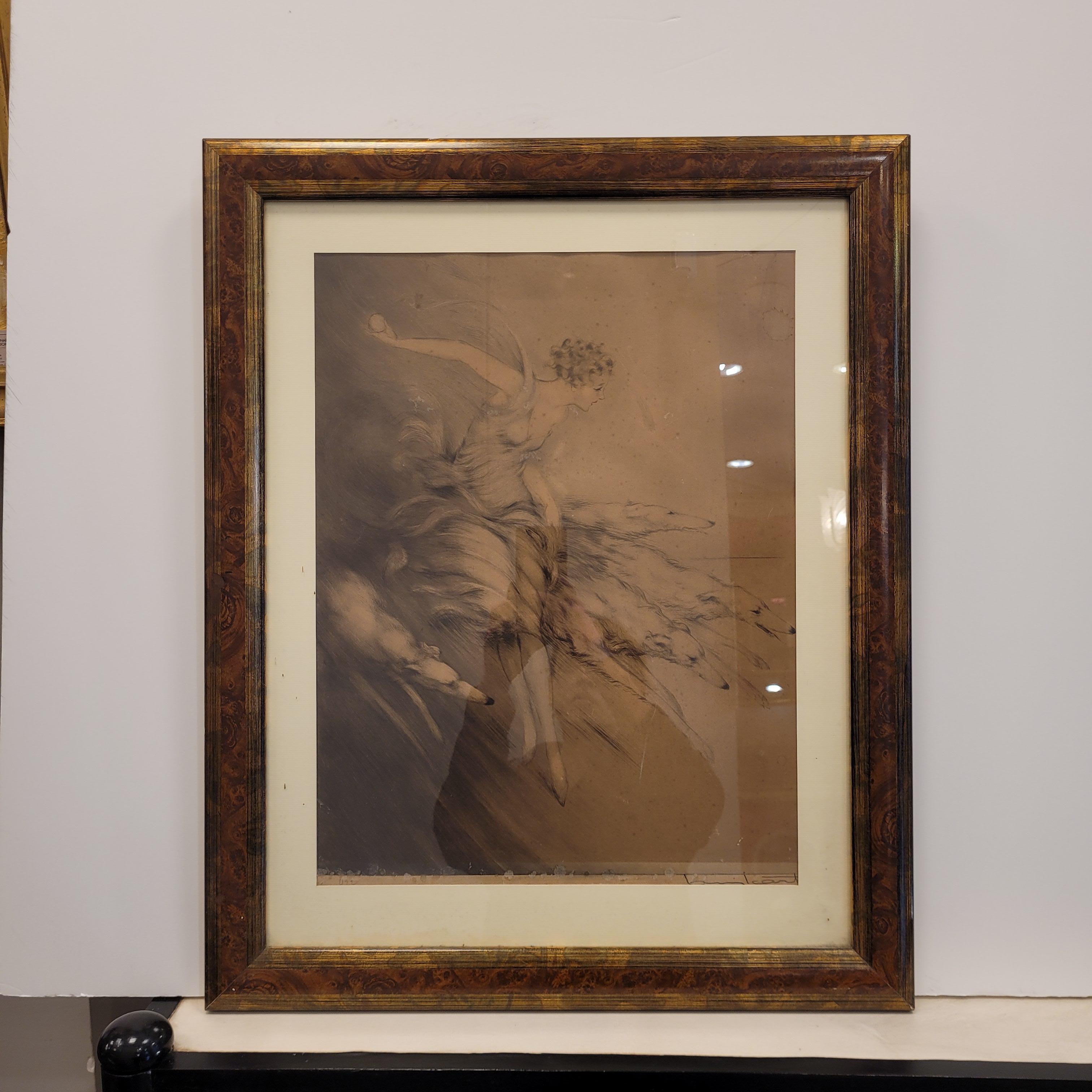French Art Nouveau  Etching, “Young man with greyhounds” Louis Icart 2