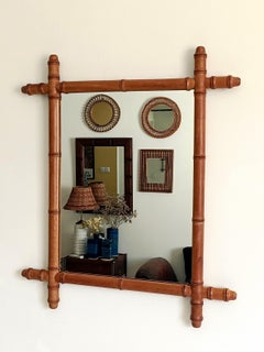 French Art Nouveau Faux Bamboo Mirror, 65cm/ 25.8", Hand-Crafted Wood, C. 1900