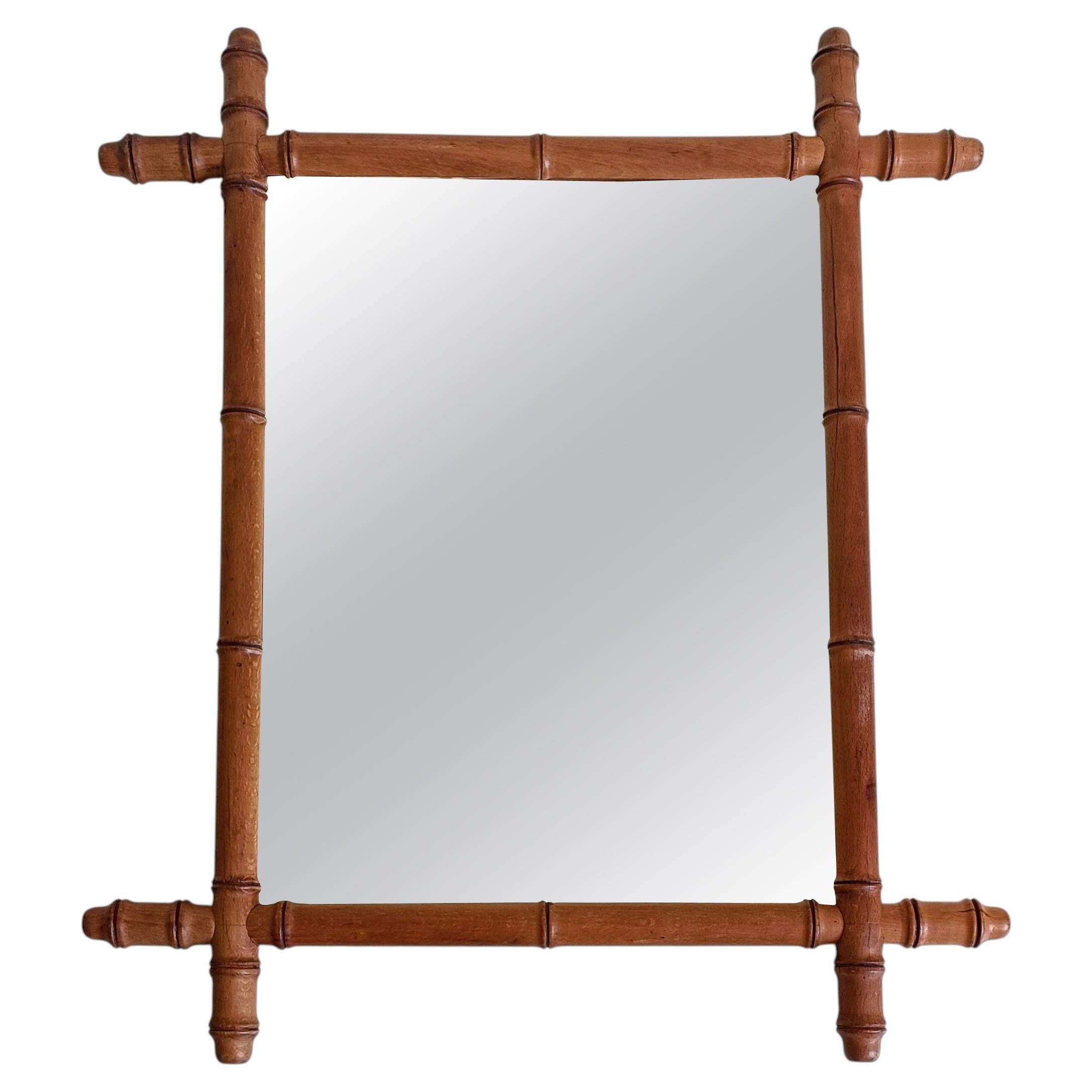 French Art Nouveau Faux Bamboo Mirror, 65cm/ 25.8", Hand-Crafted Wood, C. 1900