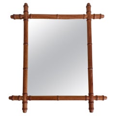 French Art Nouveau Faux Bamboo Mirror, 65cm/ 25.8", Hand-Crafted Wood, C. 1900