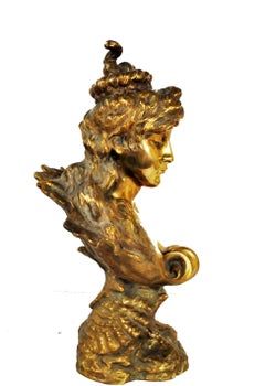 French Art Nouveau, Female Bust, Gilt Bronze, 1900s