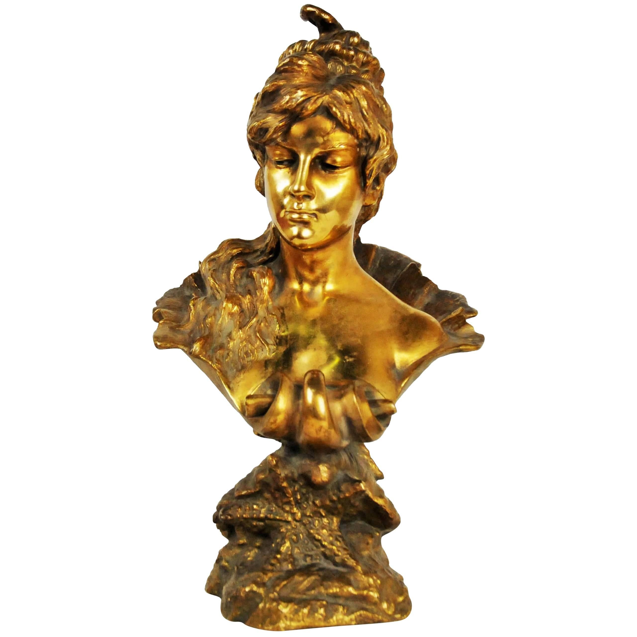 French Art Nouveau, Female Bust, Gilt Bronze, 1900s