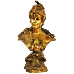 French Art Nouveau, Female Bust, Gilt Bronze, 1900s