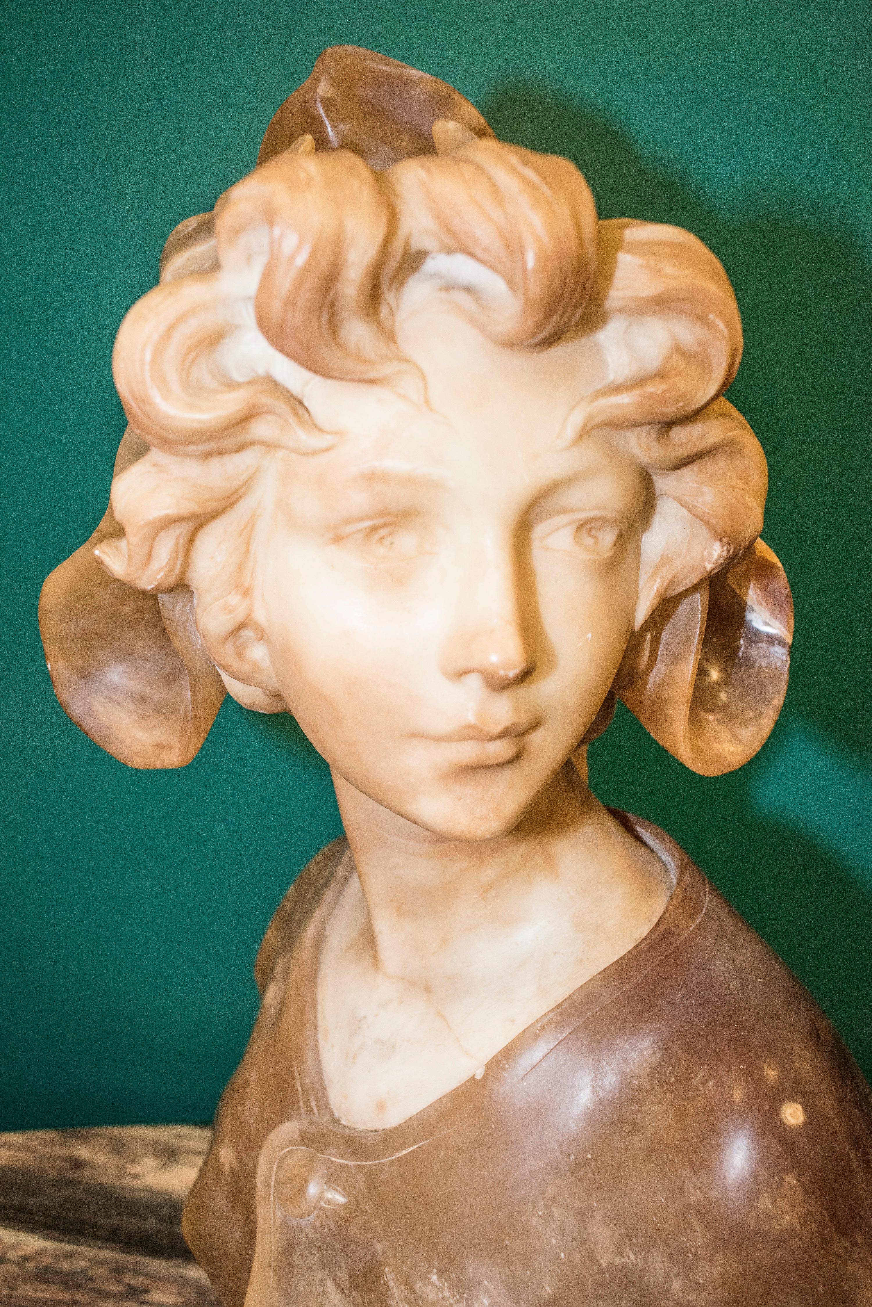 French Art-Nouveau female sand colour alabaster Bust, circa 1900 7