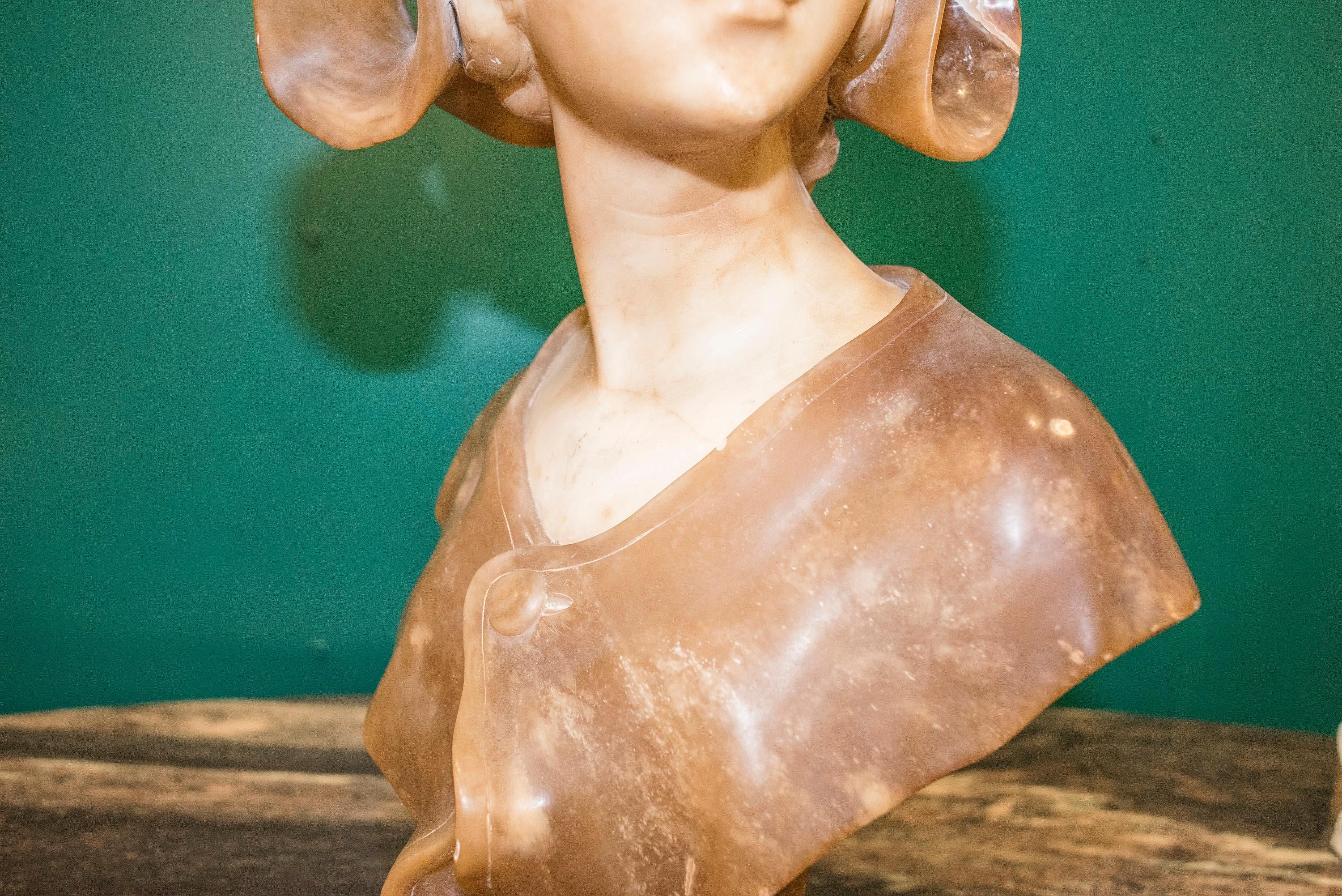 Hand-Carved French Art-Nouveau female sand colour alabaster Bust, circa 1900