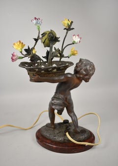 French Art Nouveau Figural Lamp with Flower Basket Charles Perror, France