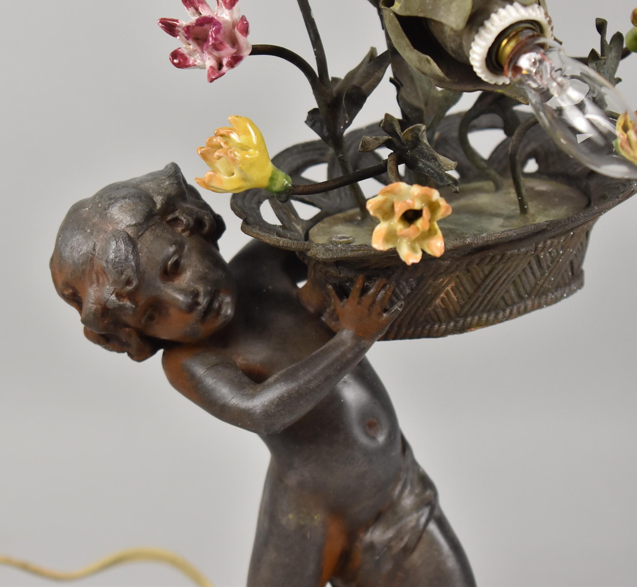 Unknown French Art Nouveau Figural Lamp with Flower Basket Charles Perror, France For Sale