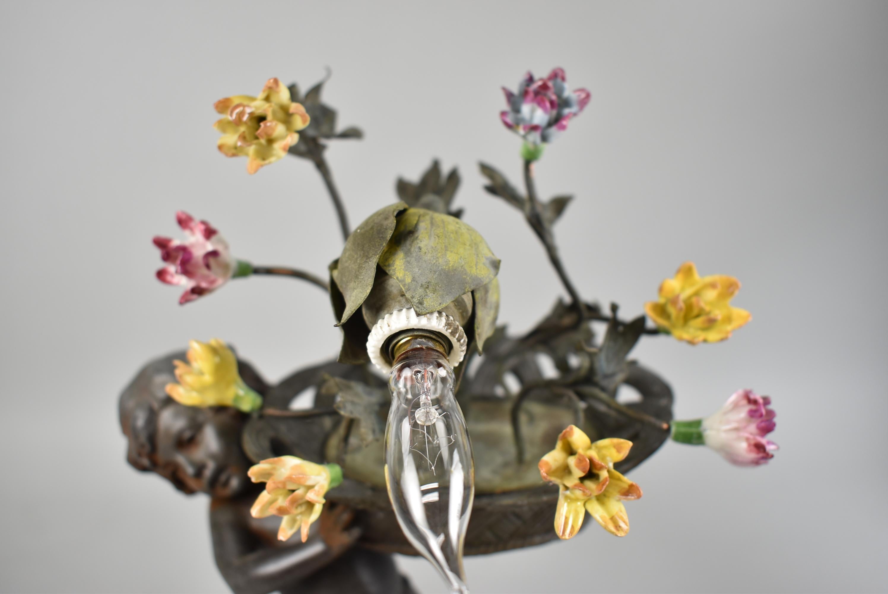 20th Century French Art Nouveau Figural Lamp with Flower Basket Charles Perror, France For Sale