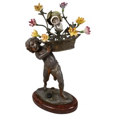 French Art Nouveau Figural Lamp with Flower Basket Charles Perror, France