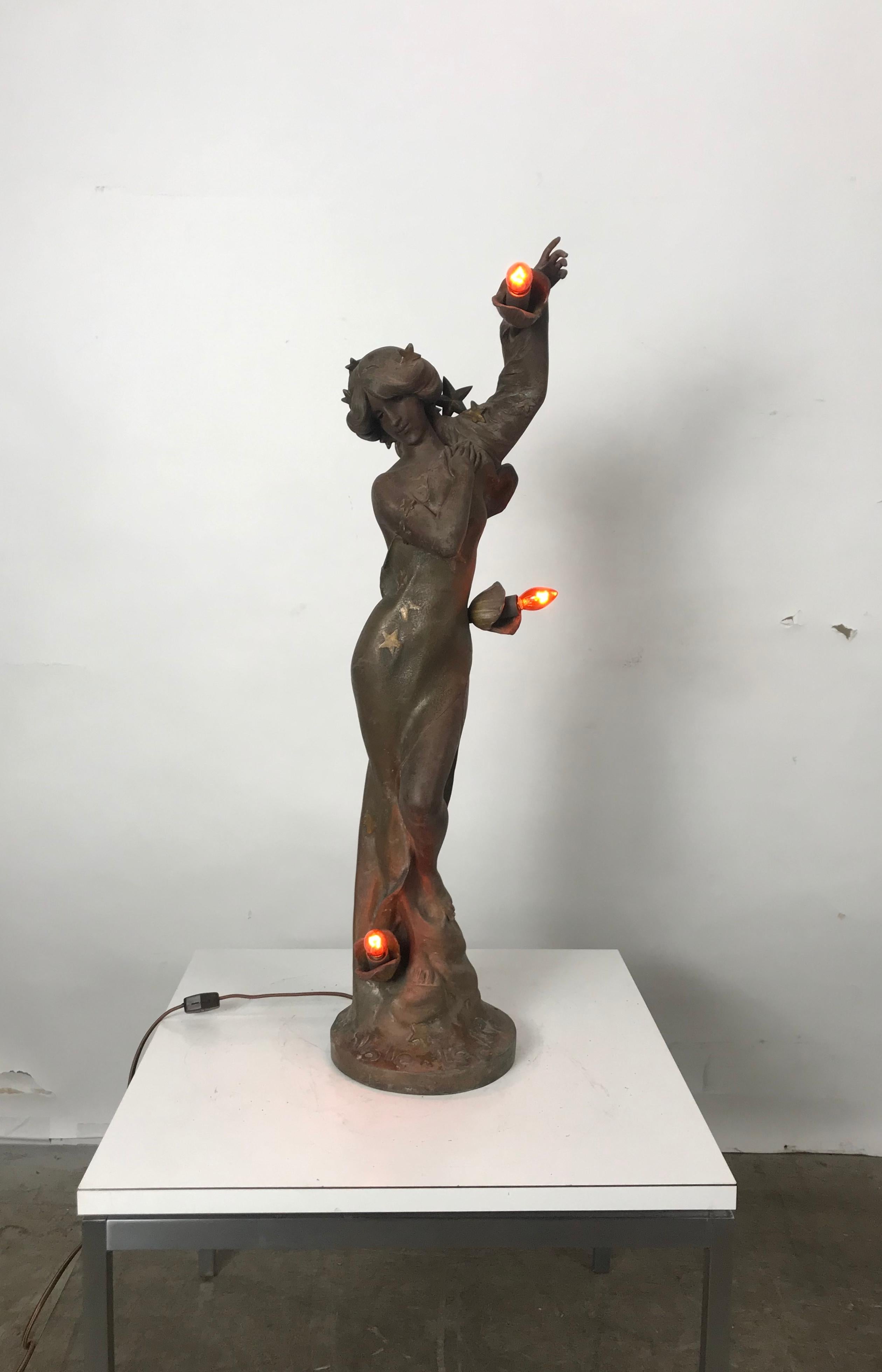 Early 20th Century French Art Nouveau Figural Spelter Newel Post Lamp, Paris Foundry Mark
