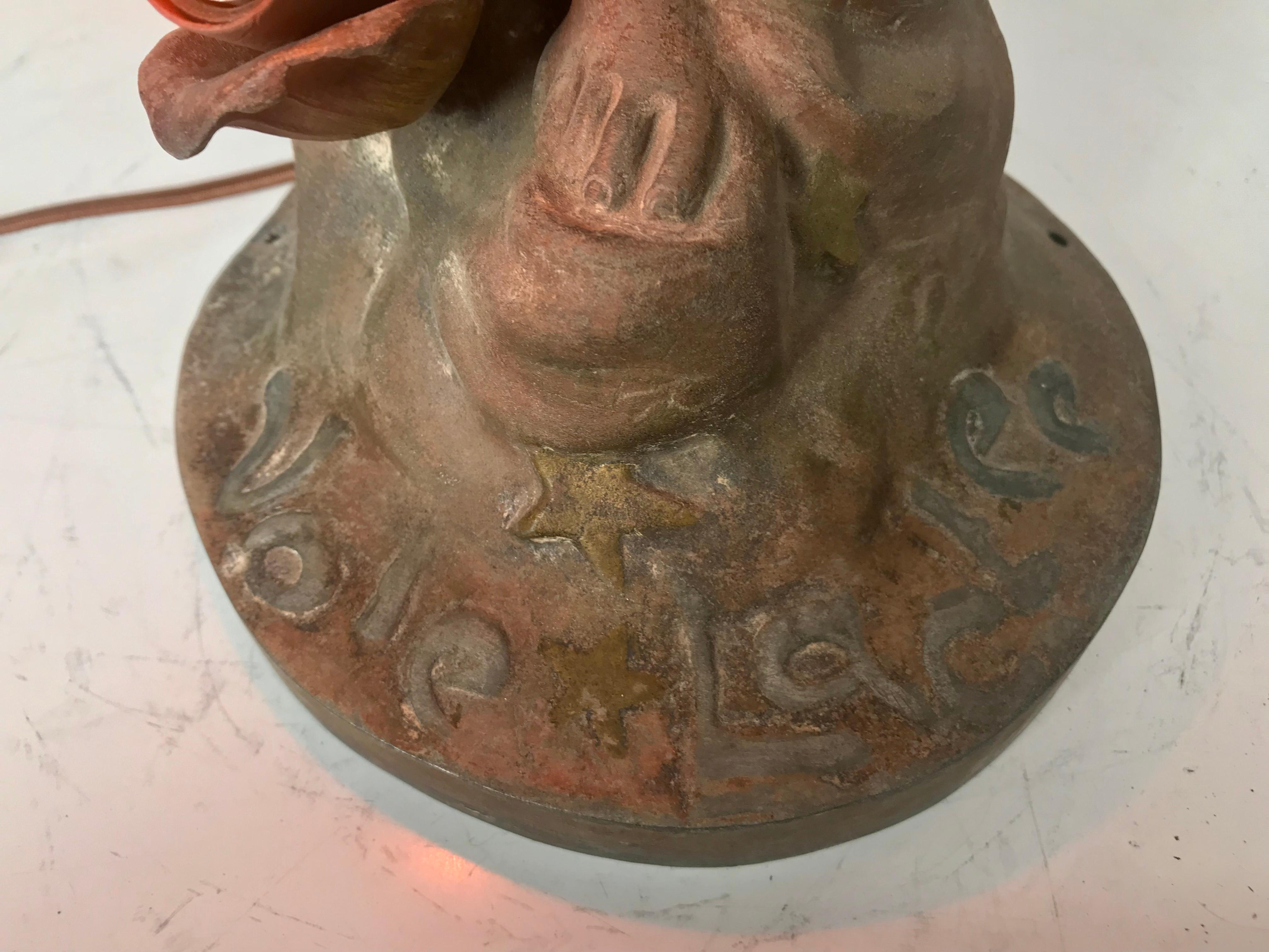 French Art Nouveau Figural Spelter Newel Post Lamp, Paris Foundry Mark 1