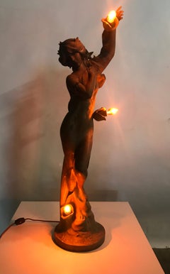 French Art Nouveau Figural Spelter Newel Post Lamp, Paris Foundry Mark