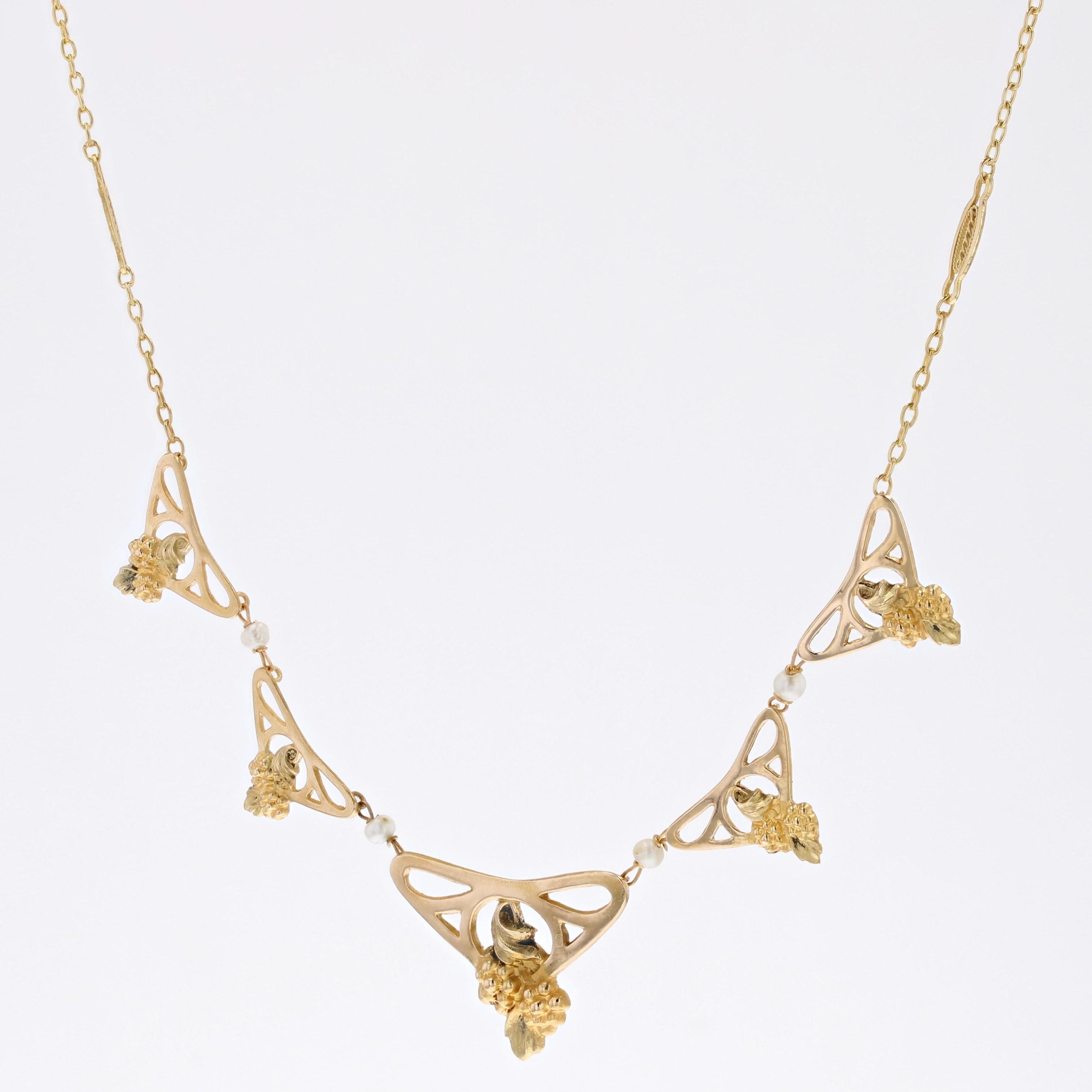 Women's French Art Nouveau Fine Pearl 18 Karat Yellow Gold Drapery Necklace For Sale