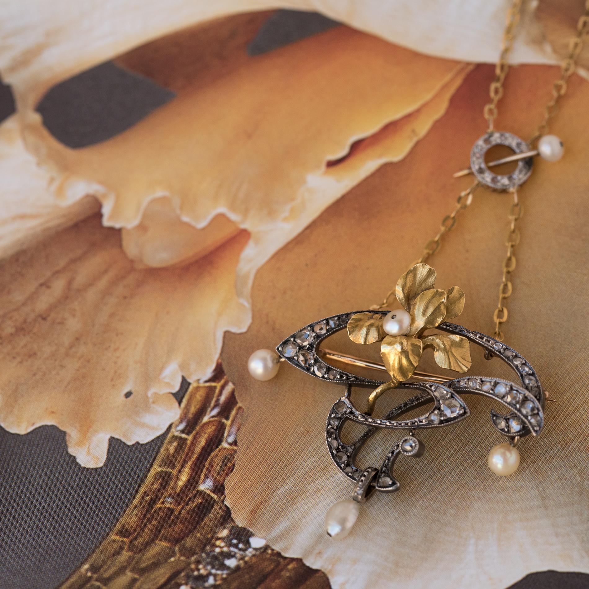 French Art Nouveau Fine Pearl Diamond Silver Gold Pendant Brooch For Sale 5