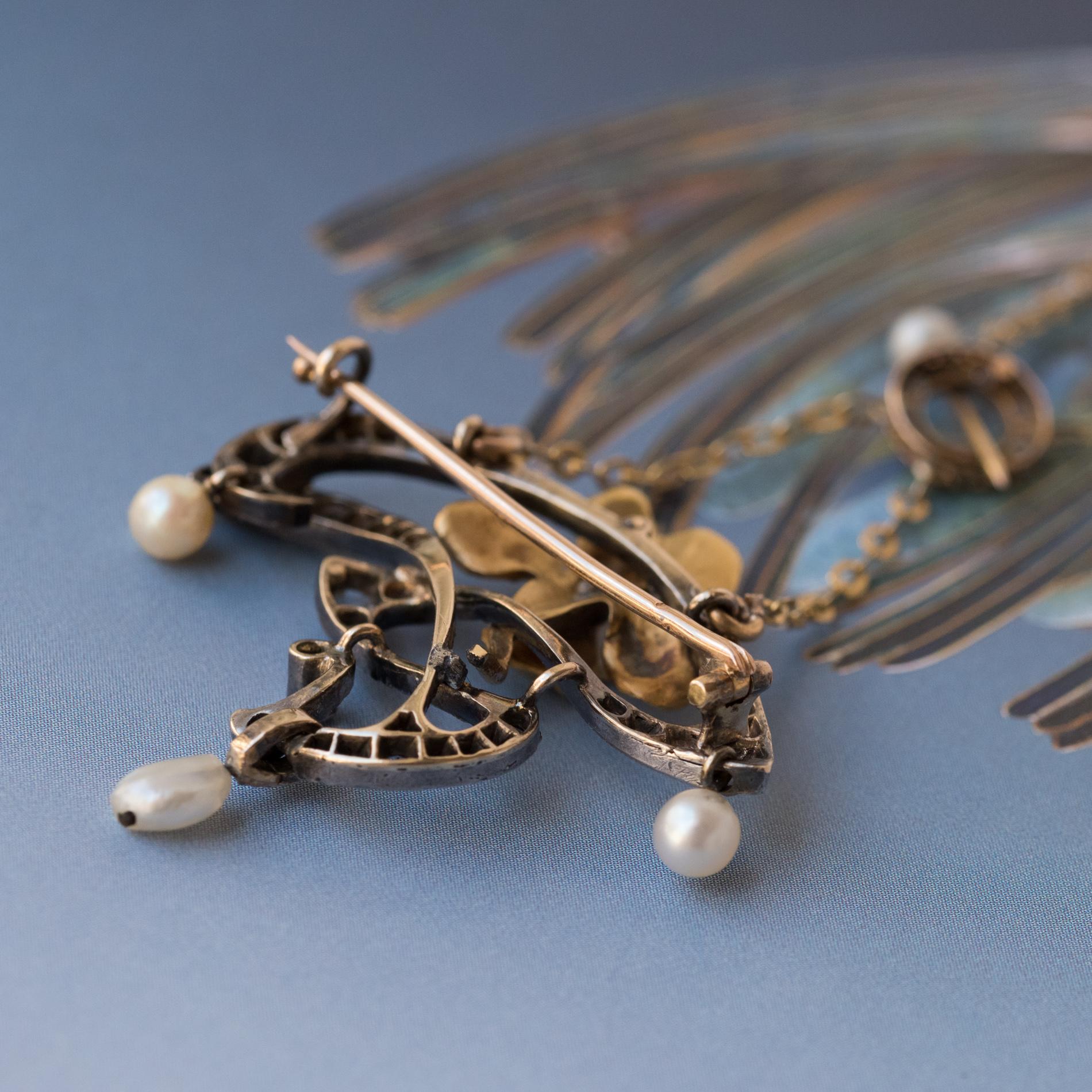 Rose Cut French Art Nouveau Fine Pearl Diamond Silver Gold Pendant Brooch For Sale