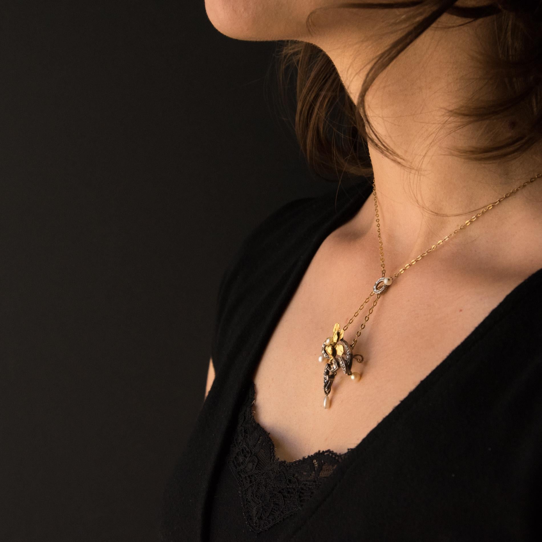 Women's French Art Nouveau Fine Pearl Diamond Silver Gold Pendant Brooch For Sale
