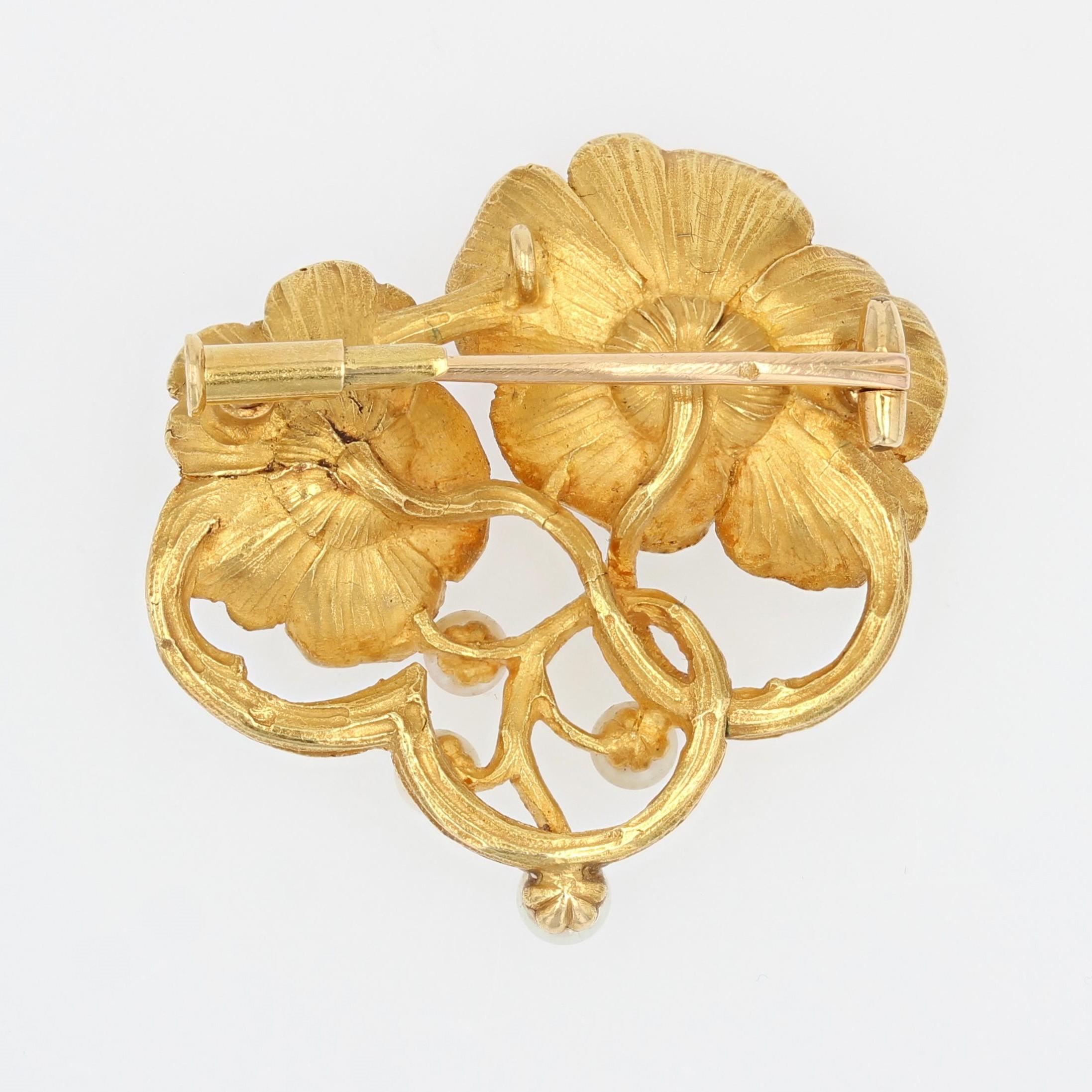 Franzsische Jugendstil-Blumenbrosche aus 18 Karat Gelbgold mit feinen Perlen und Gaston-Laffit im Angebot 8