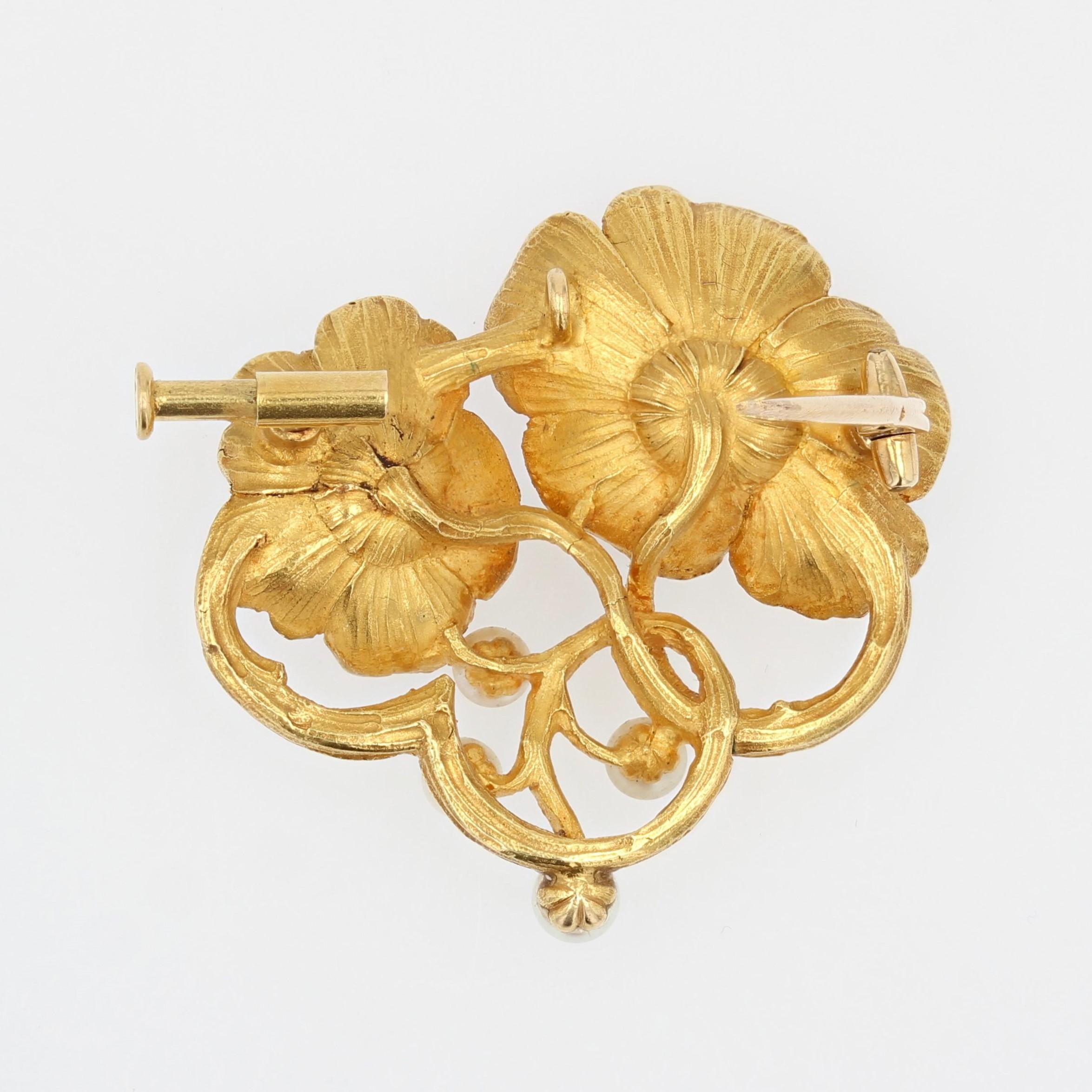 French Art Nouveau Fine Pearls 18 Karat Yellow Gold Flower Brooch Gaston Laffite For Sale 9
