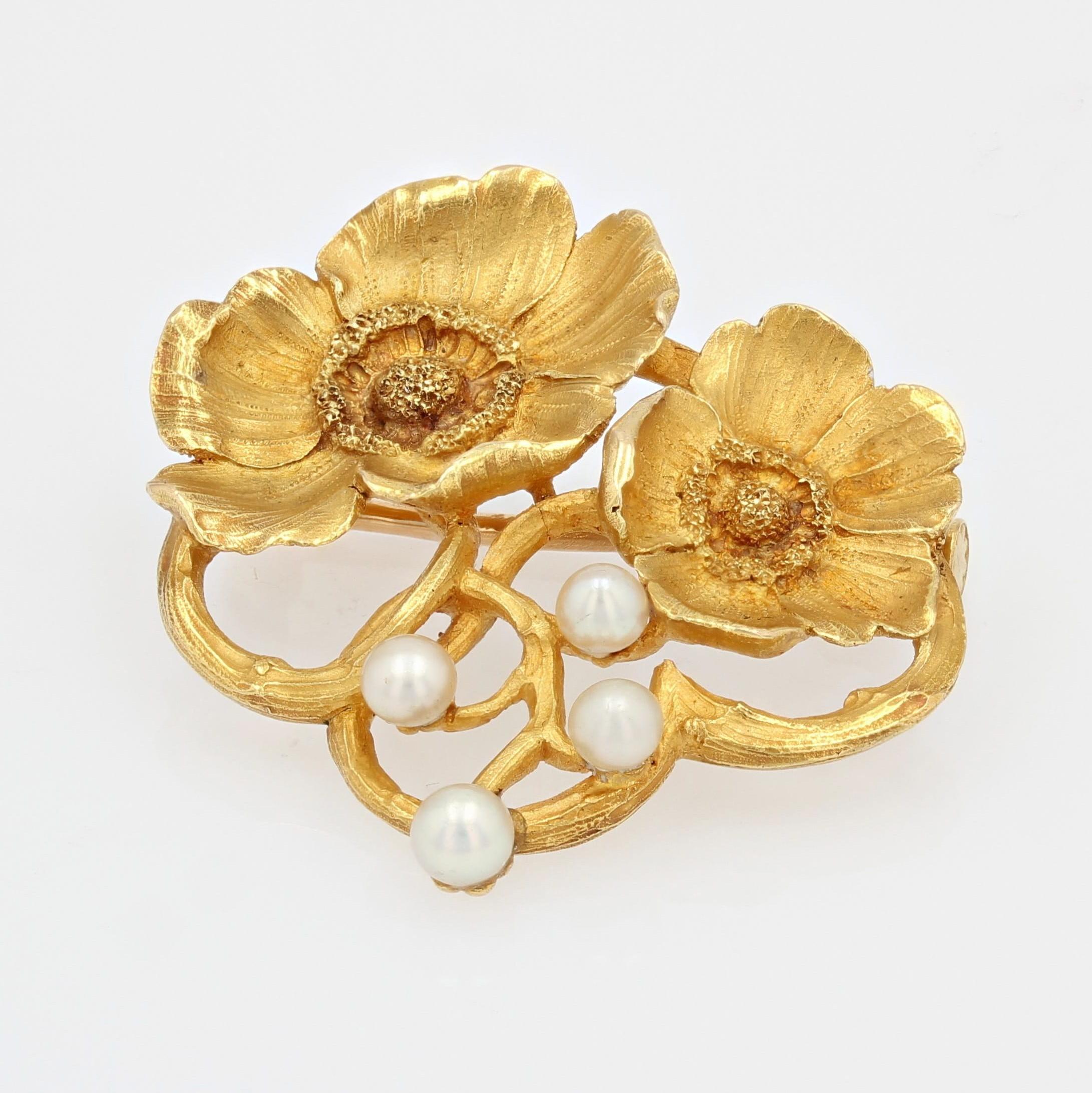 Franzsische Jugendstil-Blumenbrosche aus 18 Karat Gelbgold mit feinen Perlen und Gaston-Laffit im Angebot 1