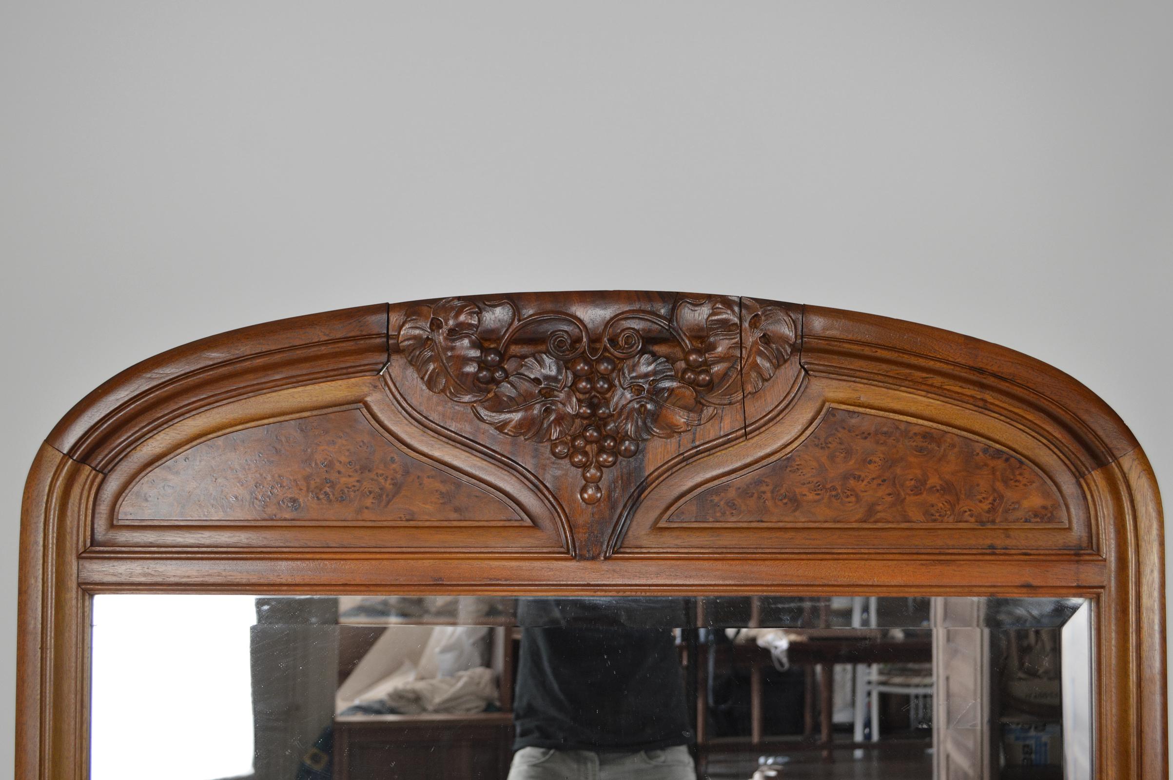 Beveled French Art Nouveau Fireplace Mantel Mirror, Carved Walnut and Burl, circa 1905 For Sale