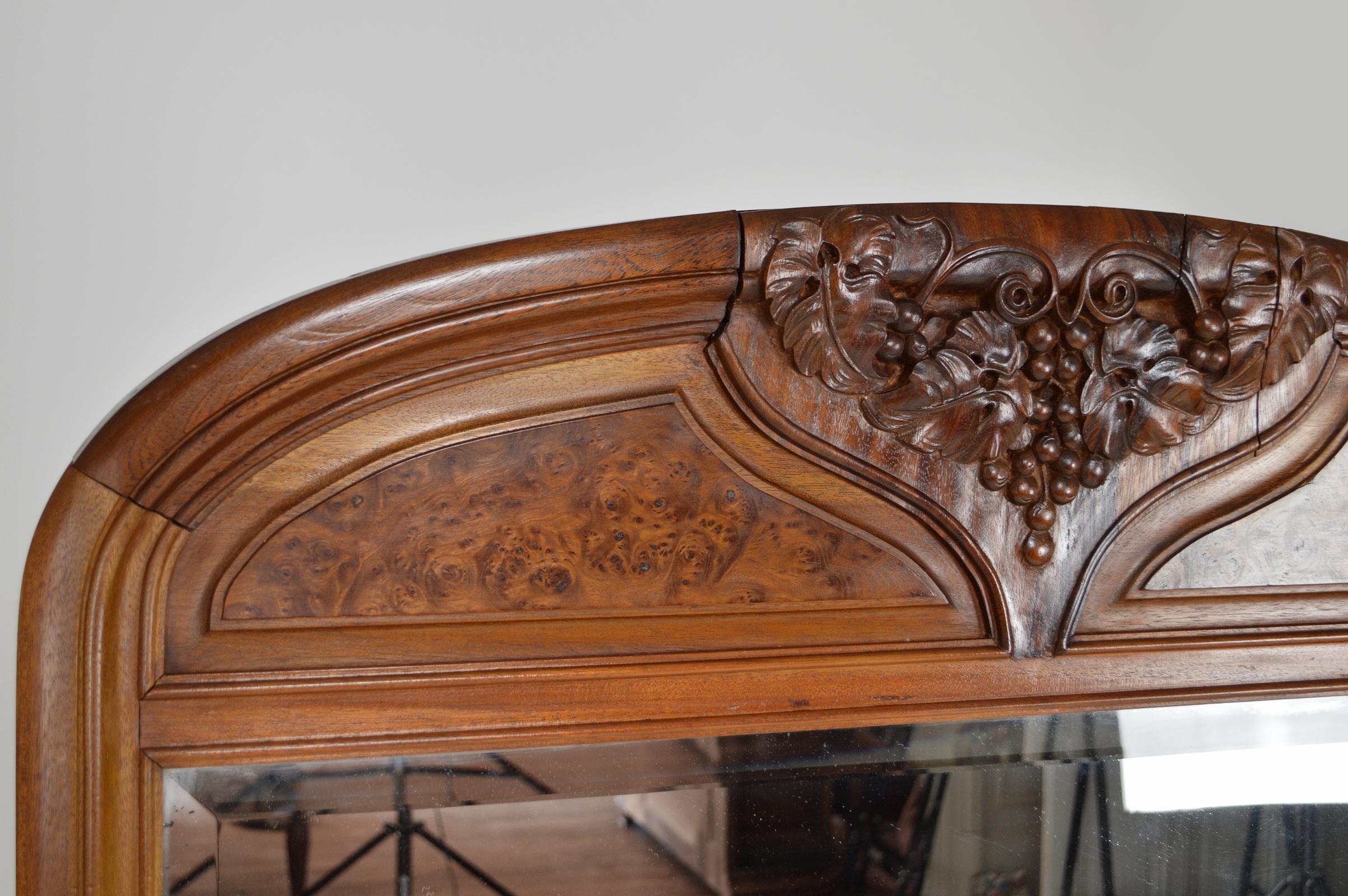 French Art Nouveau Fireplace Mantel Mirror, Carved Walnut and Burl, circa 1905 For Sale 3